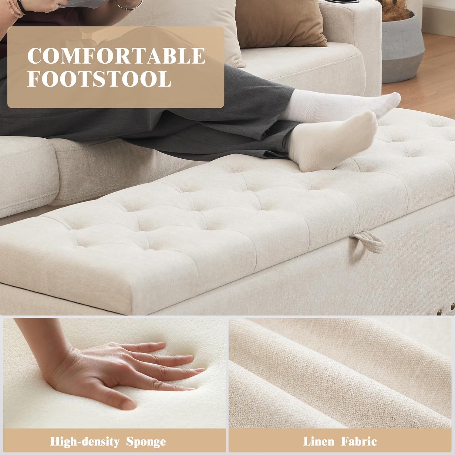 linen storage bench beige styled in living room