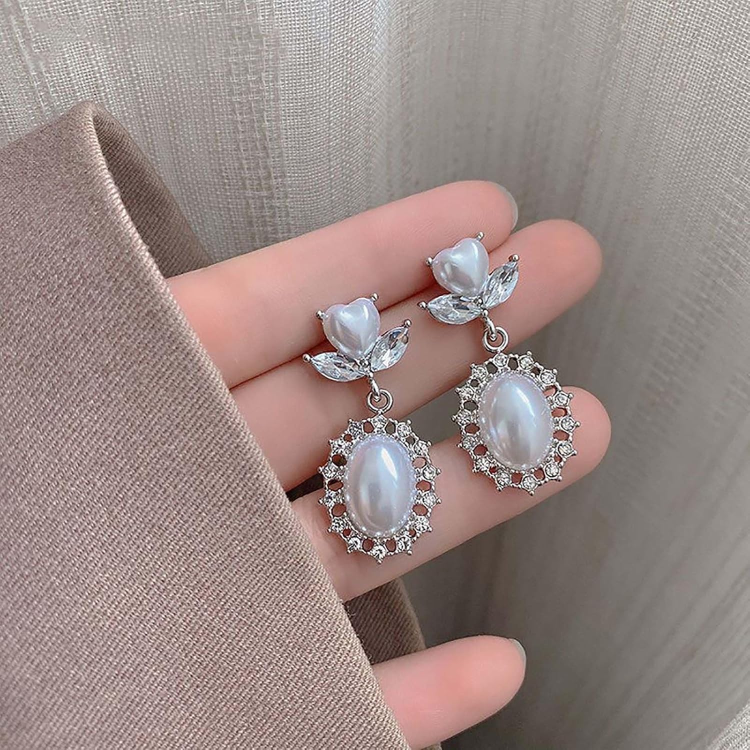 Vintage Pearl Drop Earrings Silver Crystal Earrings Oval Pearl Dangle Earrings Sparkly Bridal Wedding Earrings Jewelry for Women - Image 6