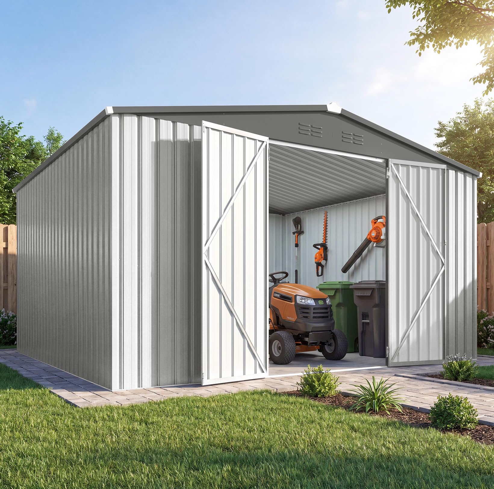 AECOJOY 10' x 12' Waterproof Metal Outdoor Storage Shed, Large Heavy Duty Garden Tool Shed with Lockable Wide Double Doors, Ventilated Outside Storage for Backyard, Patio - White