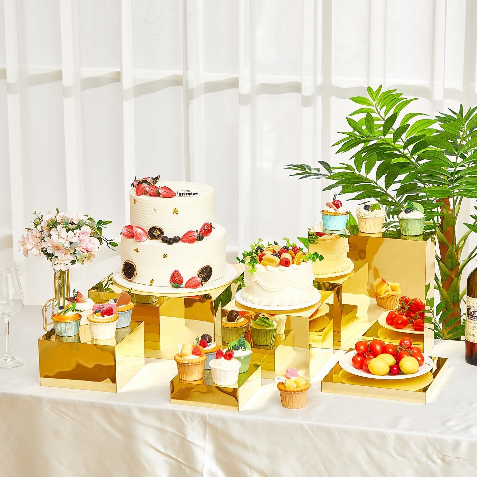 HEYOUTH Set de 7 elevadores grandes para buffet (15-30 cm) de acrílico – Cajas expositoras cuadradas con fondo hueco para mesas de postres, presentación de alimentos y suministros de catering (Gold)