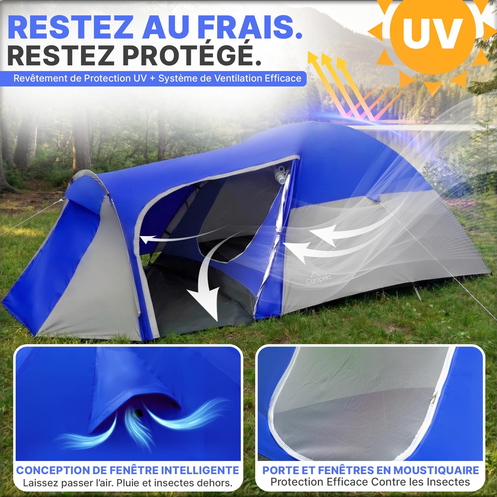 Tente igloo 3 personnes étanche à montage rapide - Tente igloo légère et compacte avec moustiquaire - Haute pour hiver, trekking, festival, vacances, camping