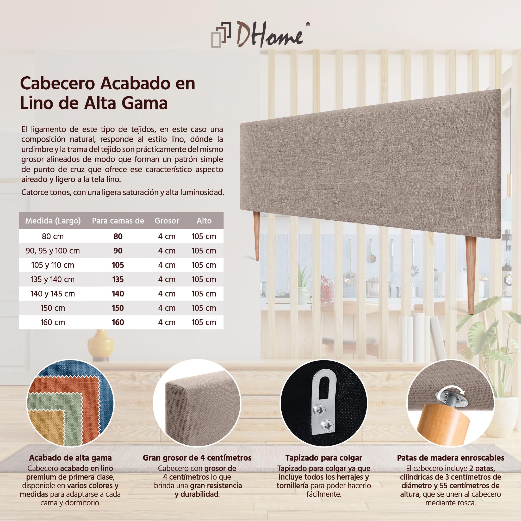 DHOME Tête de lit en Lin Naturel uni avec Pieds Tête de lit rembourrée Chambre à Coucher Moderne Top Trending (Terrain, 160x105cm avec Pieds (Lits 150/160))
