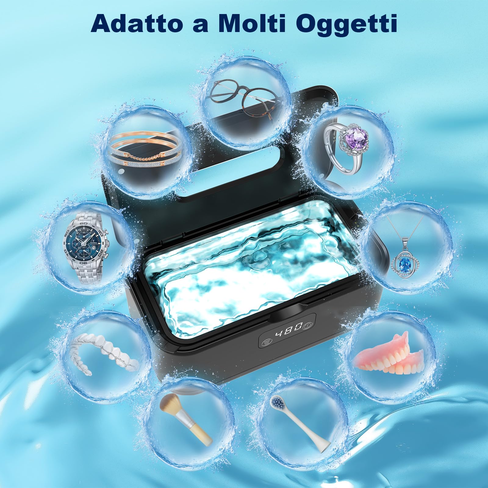 Dispositivo di pulizia a ultrasuoni 49000Hz, pulitore per occhiali 800ml Ultrasonic Cleaner, U-V Ultraschallreiniger con 5 funzioni temporali, Ultraschallgerät per gioielli, orologi, anelli, protesi