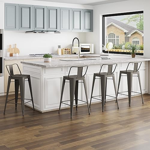 Miniatura 6 de Tongli Juego de 4 taburetes de bar de metal, taburetes de bar de altura de mostrador con respaldo, taburete de bar industrial para interiores,