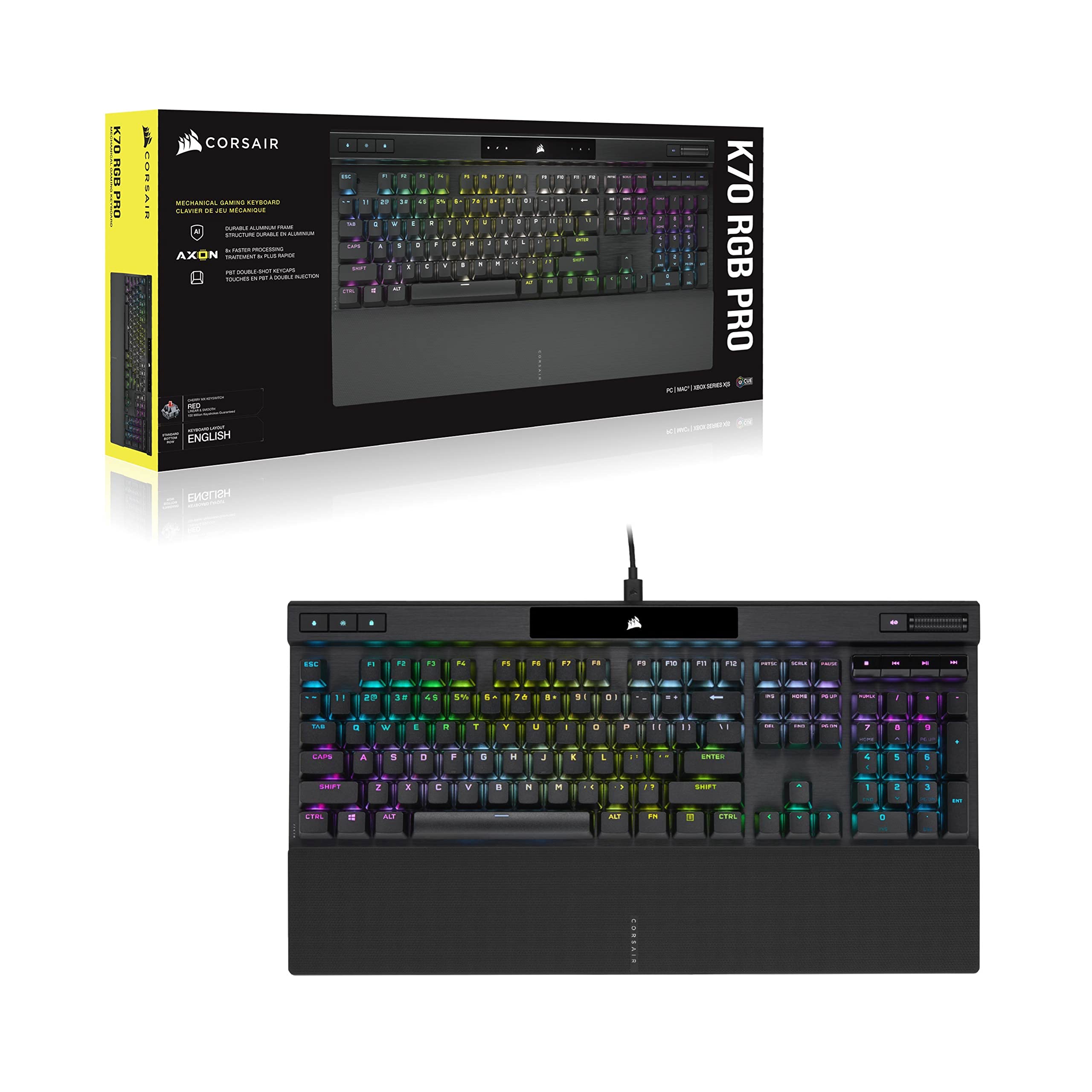 CORSAIR K70 RGB PRO Clavier de Jeu Mécanique Filaire – Interrupteurs Linéaires Cherry MX Red, SOCD, PBT Double-Shot Keycaps, 8000Hz Hyper-Polling, NKRO, Anti-Ghosting, Tournoi Switch, AZERTY FR – Noir