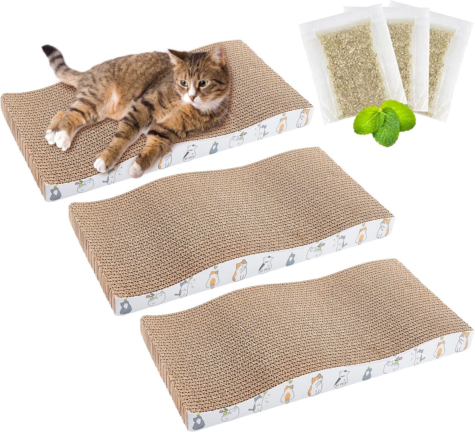 3 Pack Cat Scratcher Pads Reversible Corrugate Cat Scratch Cardboard Recycle Durable Cat Scratching Pad Replacement For Indoor Cats And Kittens (Wave)