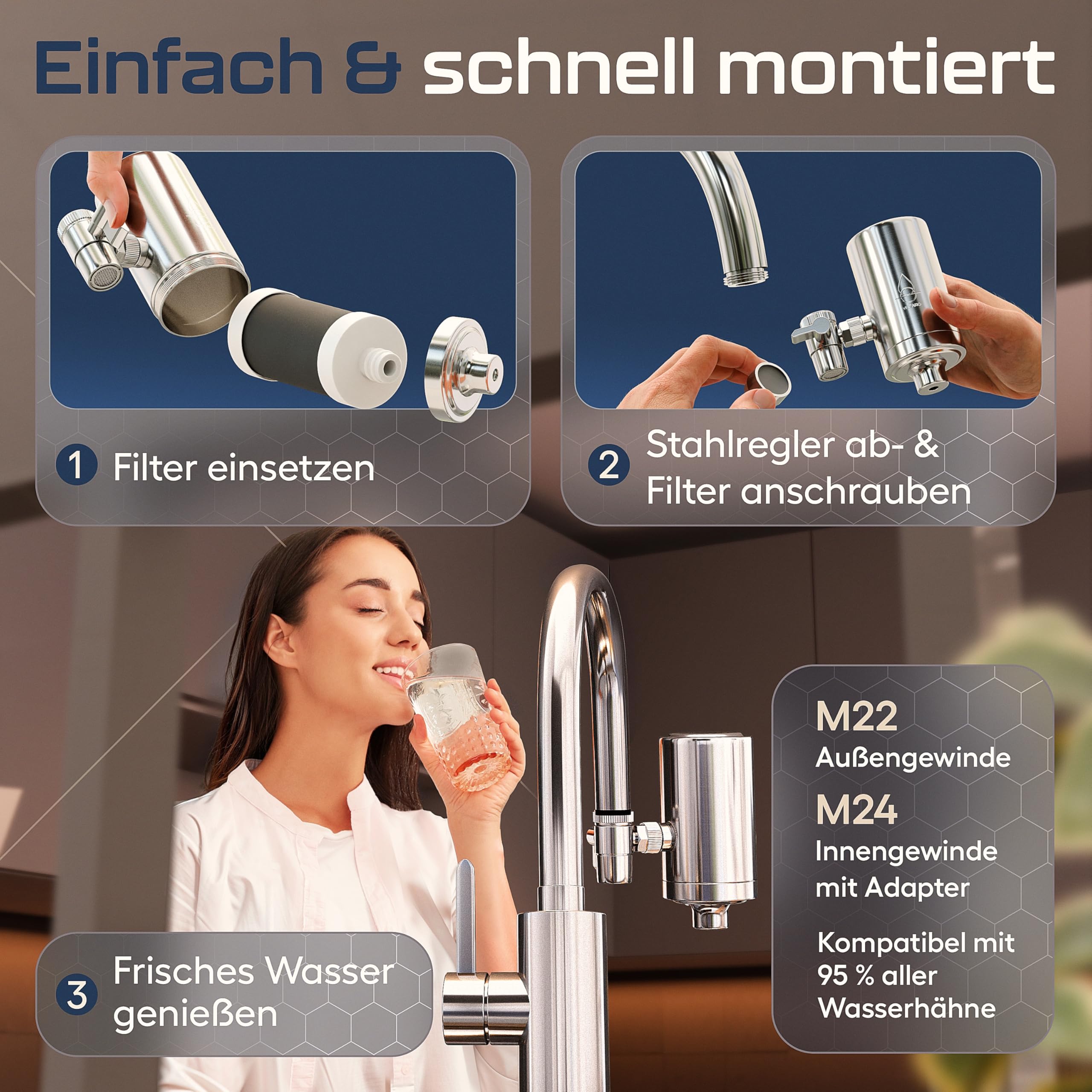 VILTARO® Wasserfilter Wasserhahn mit Kalkschutz – nur 2 Cent/Liter Trinkwasser, BPA-frei, Edelstahl, wassersparender Strahlregler, Aktivkohle | Filter Wasserhahn, Wasserhahnfilter für Trinkwasser