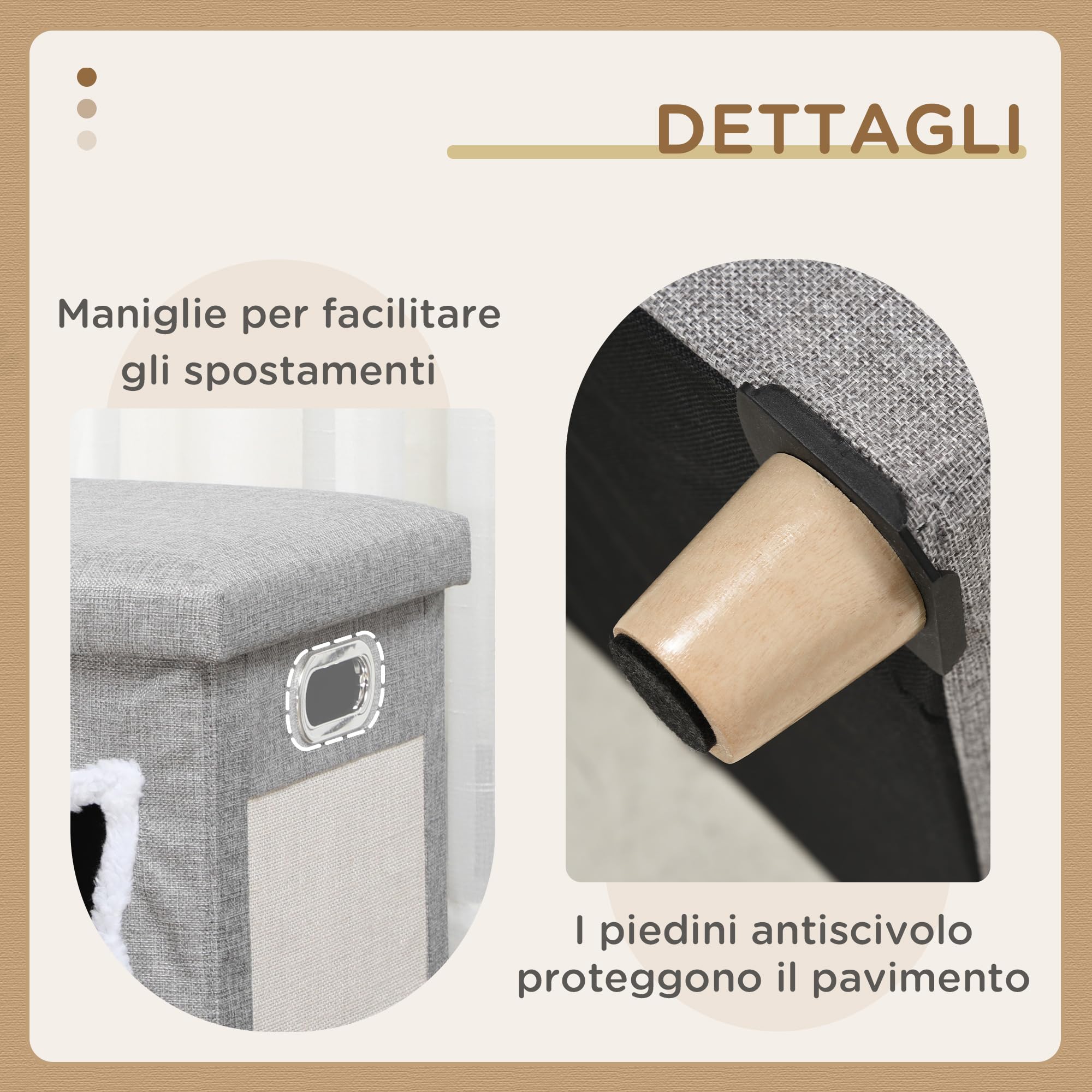 PawHut Casetta per Gatti con Tappetino Tiragraffi, Cuscino Lavabile e Pallina Giocattolo, Cuccia Gatti in MDF, Tessuto Effetto Lino, Peluche e Sisal, 35.5x35.5x42.5 cm, Crema e Grigio