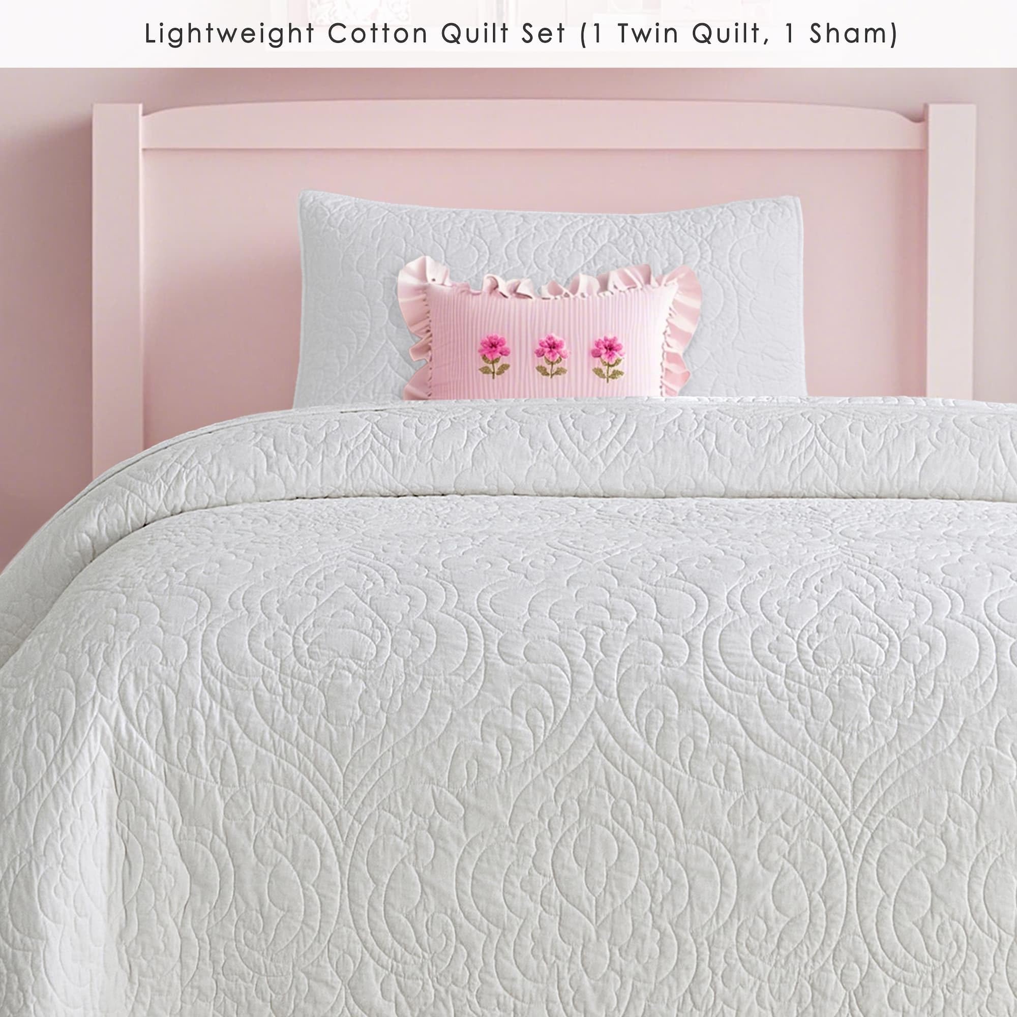 Querencia Cotton Quilt Twin/XL - White Bedspread, Lightweight Coverlet, Paisley Floral Stitched, Teen Girl Bed Spread, Bedding with 1 Pillow Sham (Set of 2)