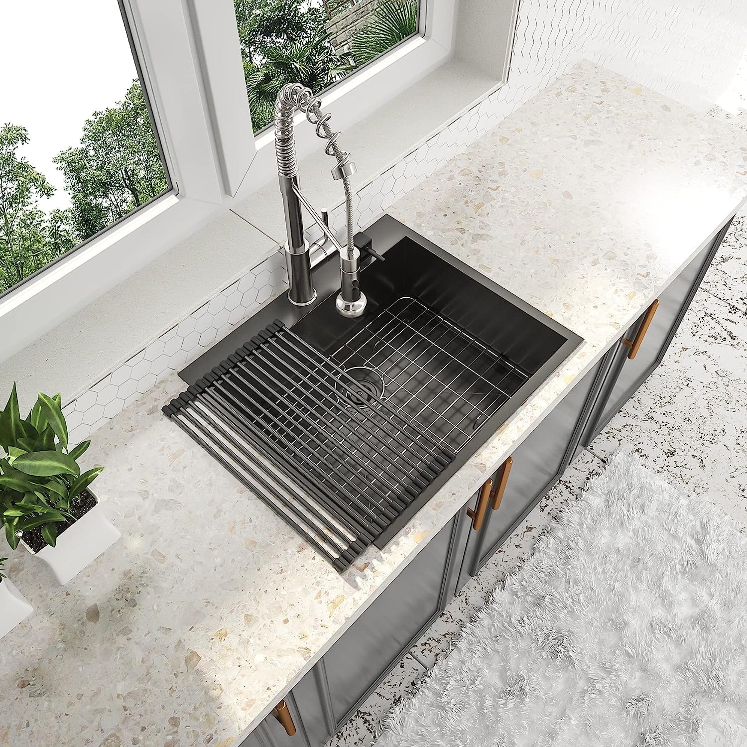 25x22 Drop In Kitchen Sink Black 16 Gauge Stainless Steel Single Bowl Drop Kitchen Sinks Nano PVD Gunmetal Black Handmade Large Deep Topmount Sinks, 25x22x9 Inch