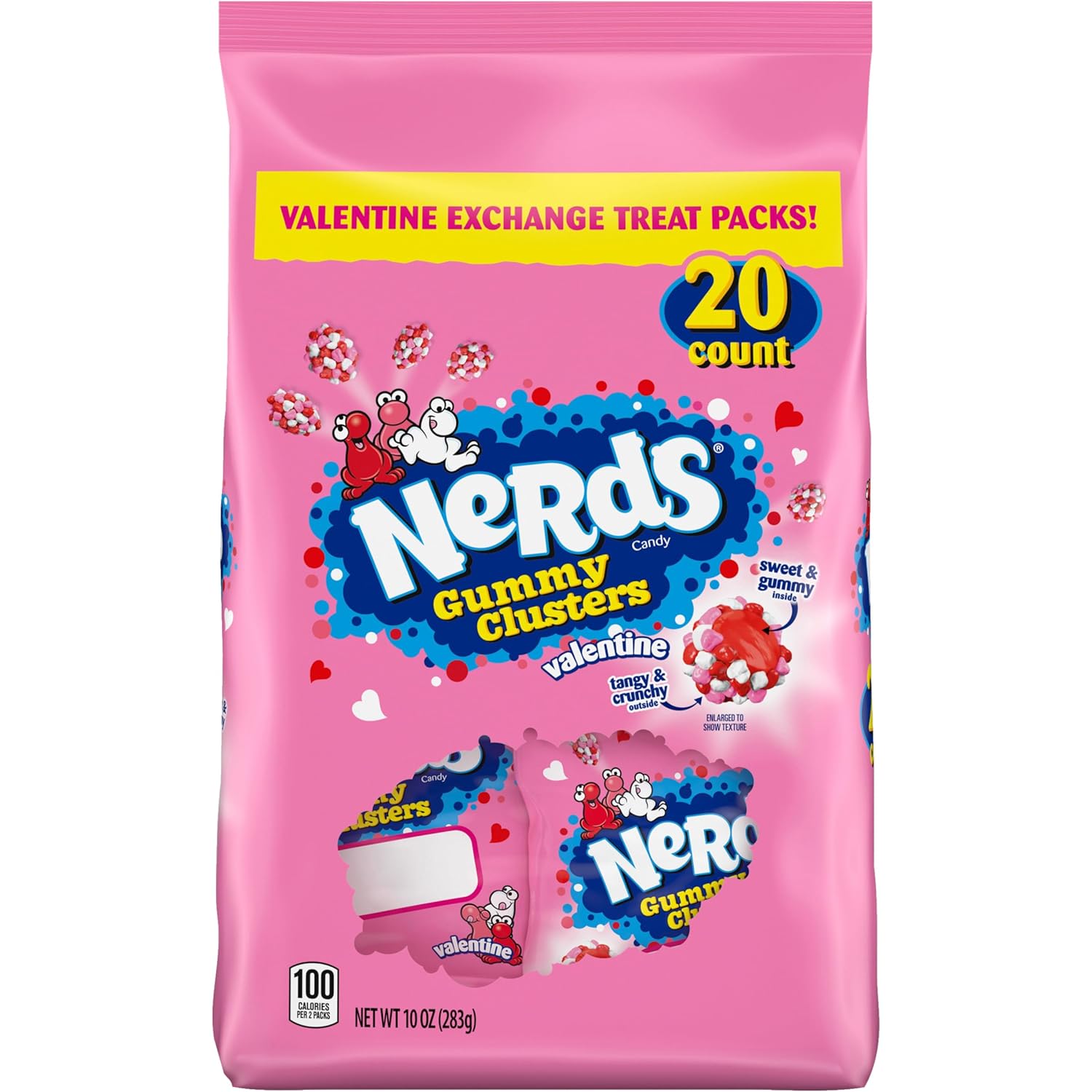 NERDS Valentine's Gummy Clusters, Classroom Exchange Pouches, 10 oz, 20 Count