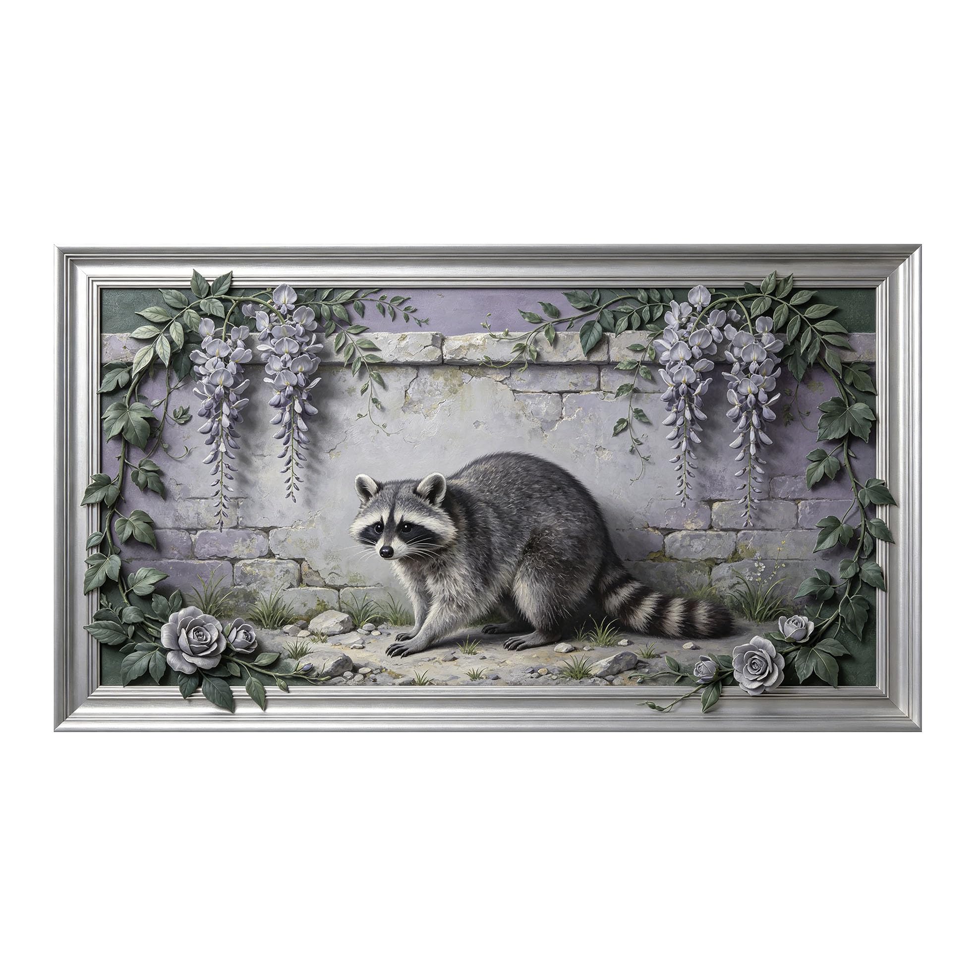 Murasolite 3D 3D Framed Wall Art 50cm×90cm Raccoon Floral Garden Oil Painting SelfAdhesive Fabric Mural Wall Decor, Peel and Stick No Damage to Wall for Bedroom Living Room