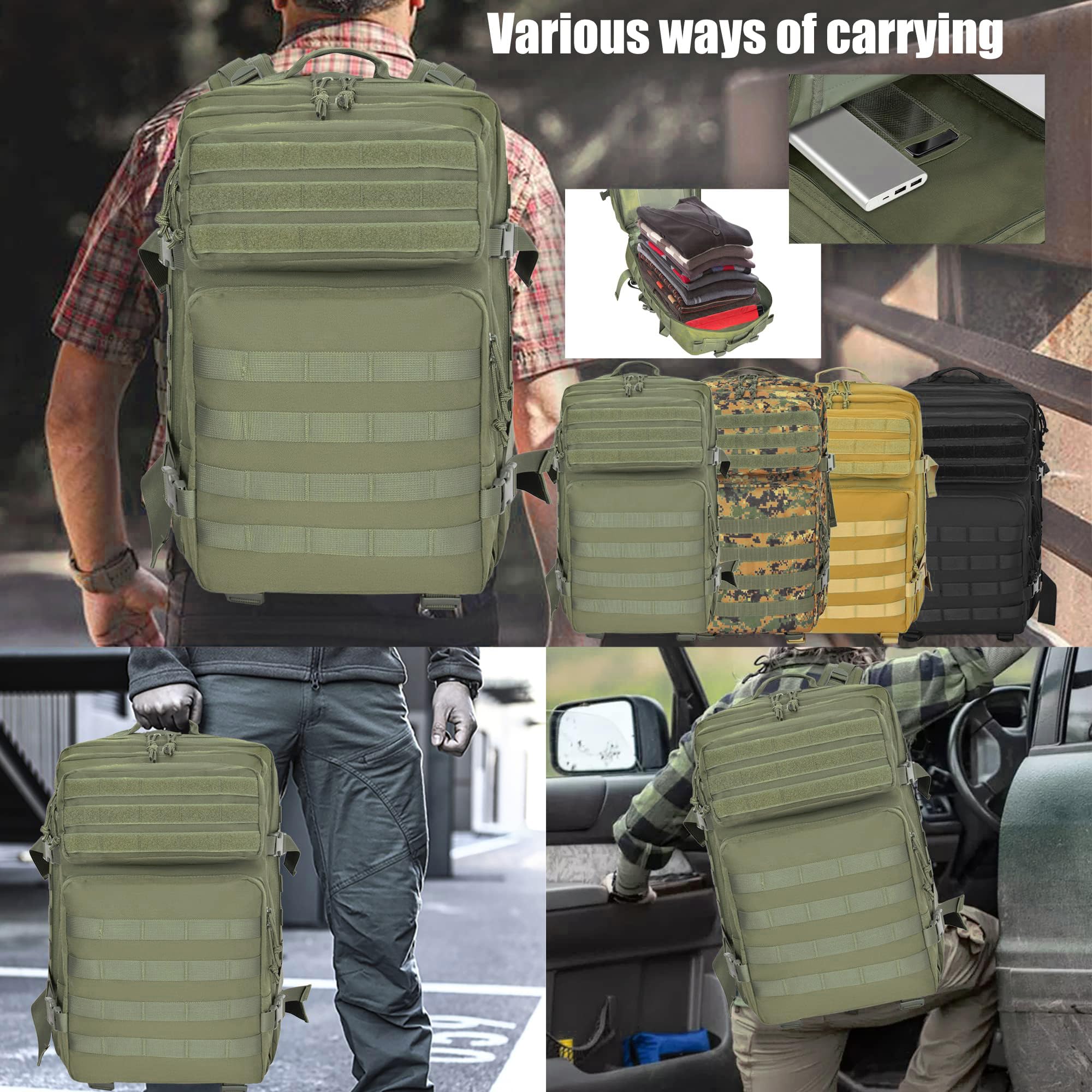 Mochila táctica militar, paquete grande de 3 días de asalto 45L, equipo para transportar carga, ligero y modular (personalizable), Verde, L 7