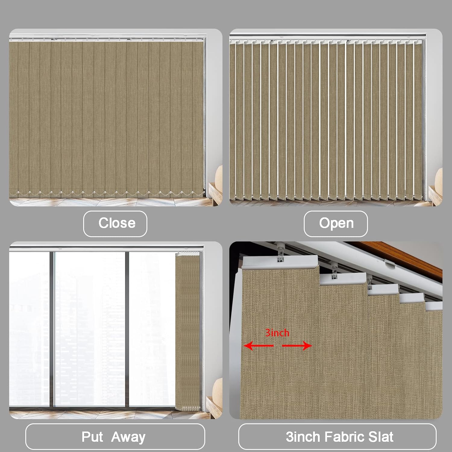 LETAU Vertical Window Shades, 3.5inch Slat Fabric Light Filtering UV Protection Decoration Vertical Window Blinds, Light Brown