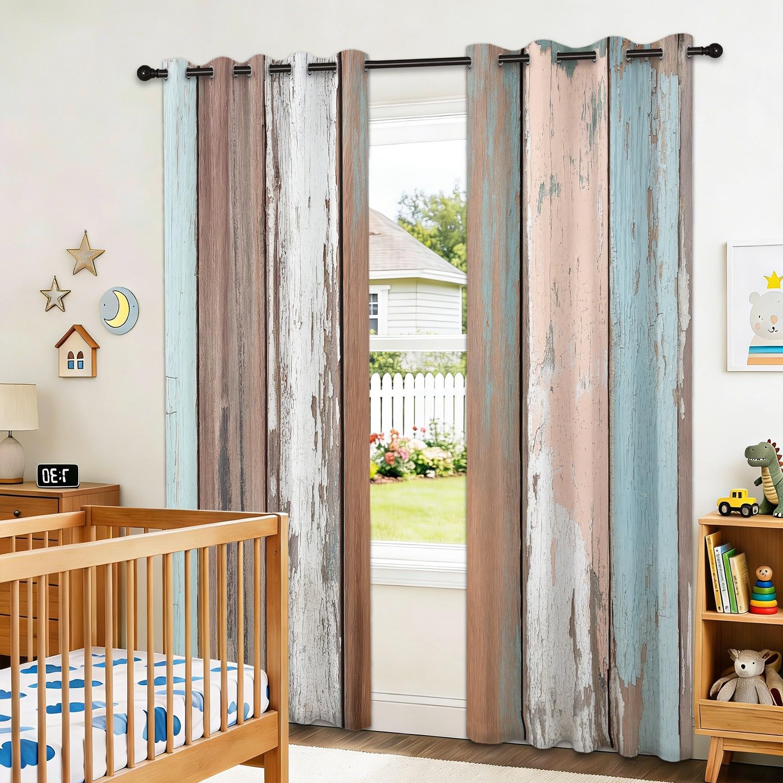 Style Industriel Rideau Occultant 70 x 240 cm avec Oeillets, Planches De Bois Qui S'Écaillent Grain du Bois Imprimer Isolation Thermique Insonorisée Brun Fenêtre Rideaux pour Salon, 2 Panneaux