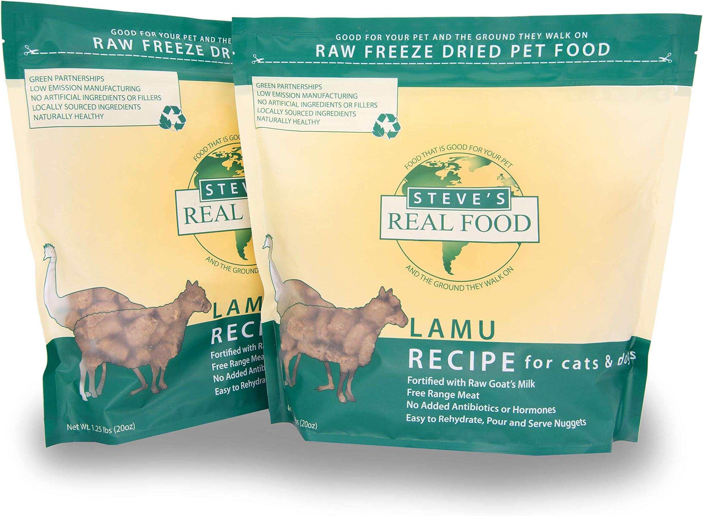 Steve's Real FoodFreeze-Dried Raw Food Diet for Dogs and Cats, 2-Pack, Lamu Recipe (Lamb & Emu), 1.25 lbs in Each Bag, Made in The USA, Pour and Serve Nuggets, Vegetarian Fed & Free Range