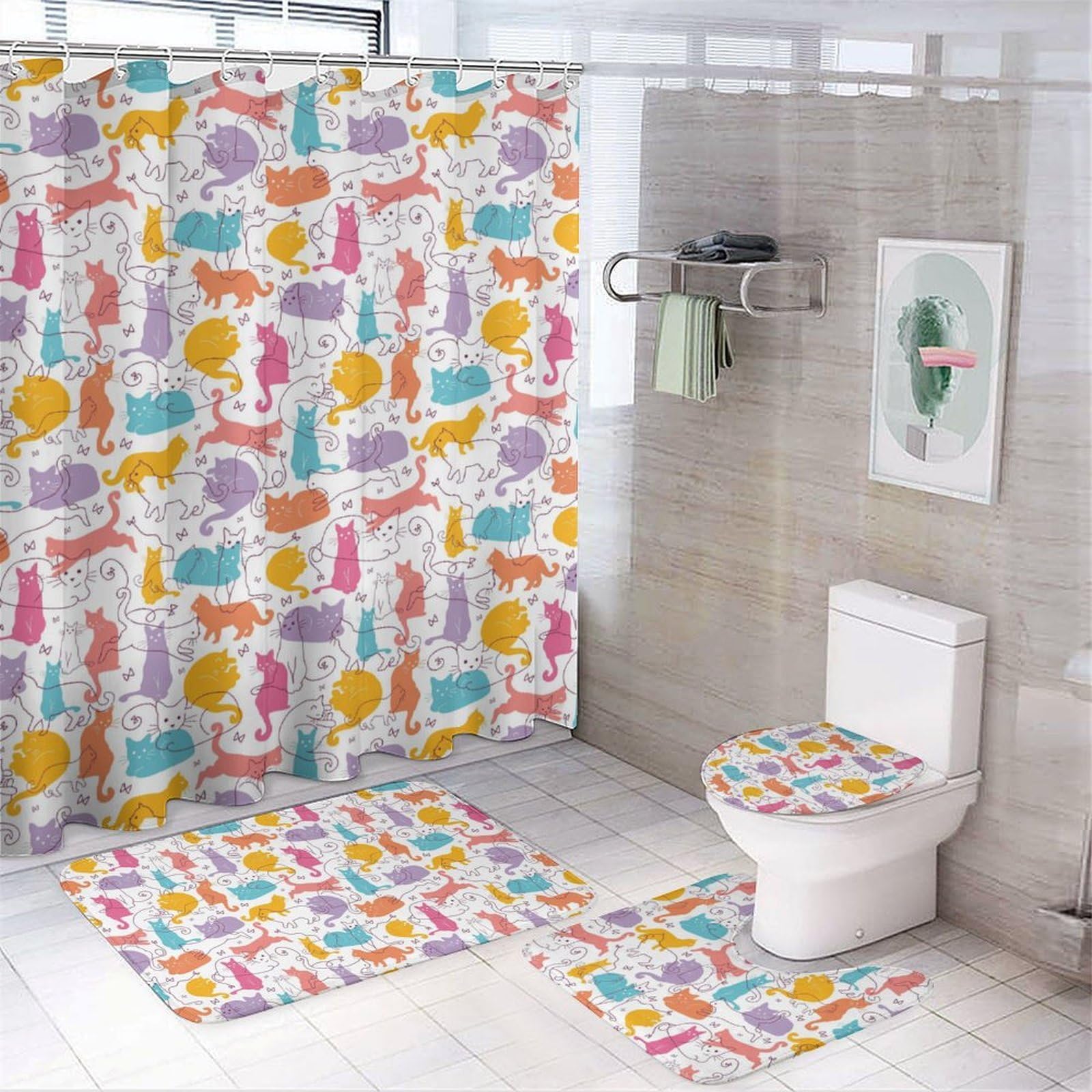 JZemdybill Bathroom Mat Set 4 Piece, Thread Cat Cat Shower Curtain with Non-Slip Bath Mats for Bathroom