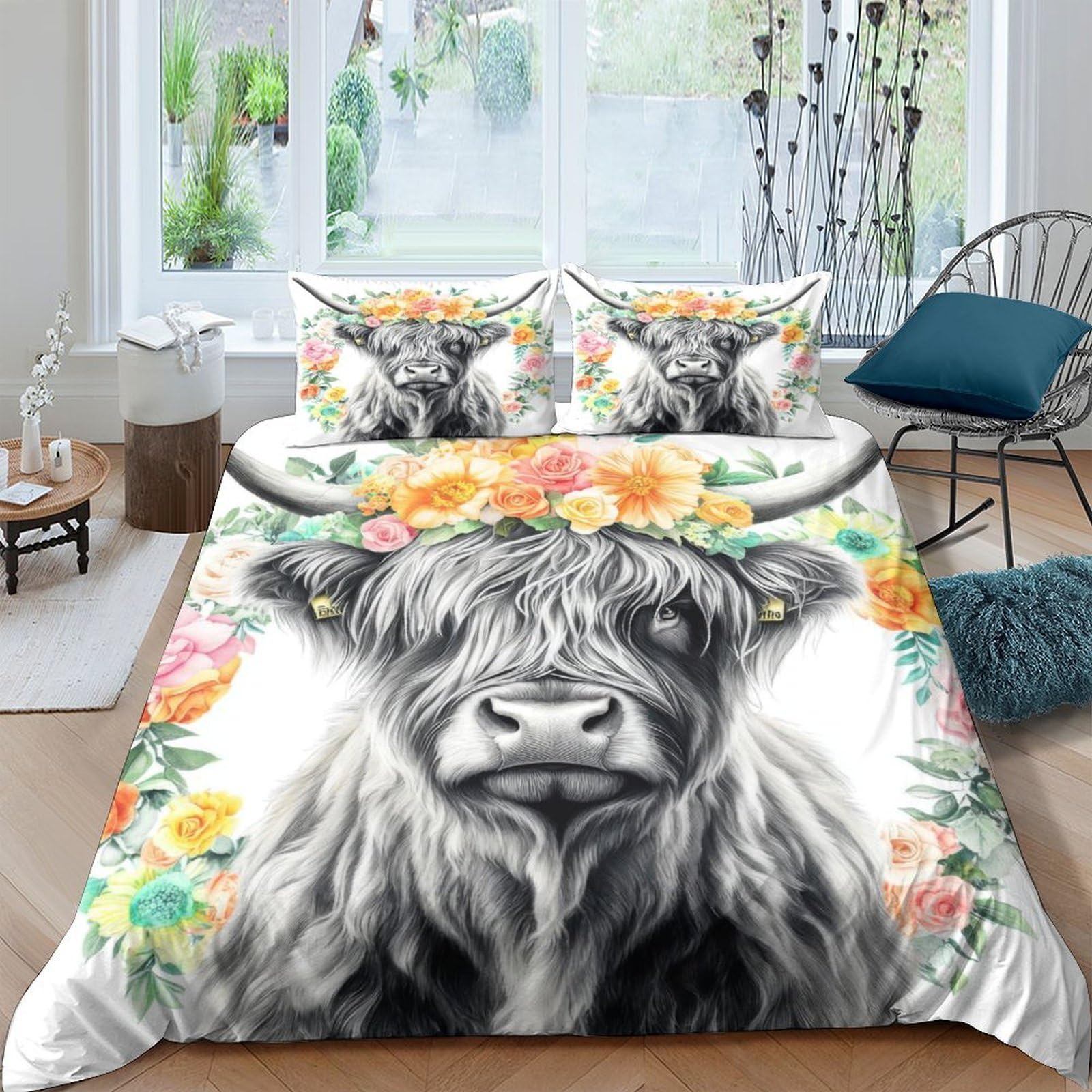 Ctjqhvkz Style-3 3D Printed Highland Cow Floral Fitted Sheet Microfiber Soft Breathable Colorful Bed Sheet For Bedroom Guest Room Decor Single（135X200cm）