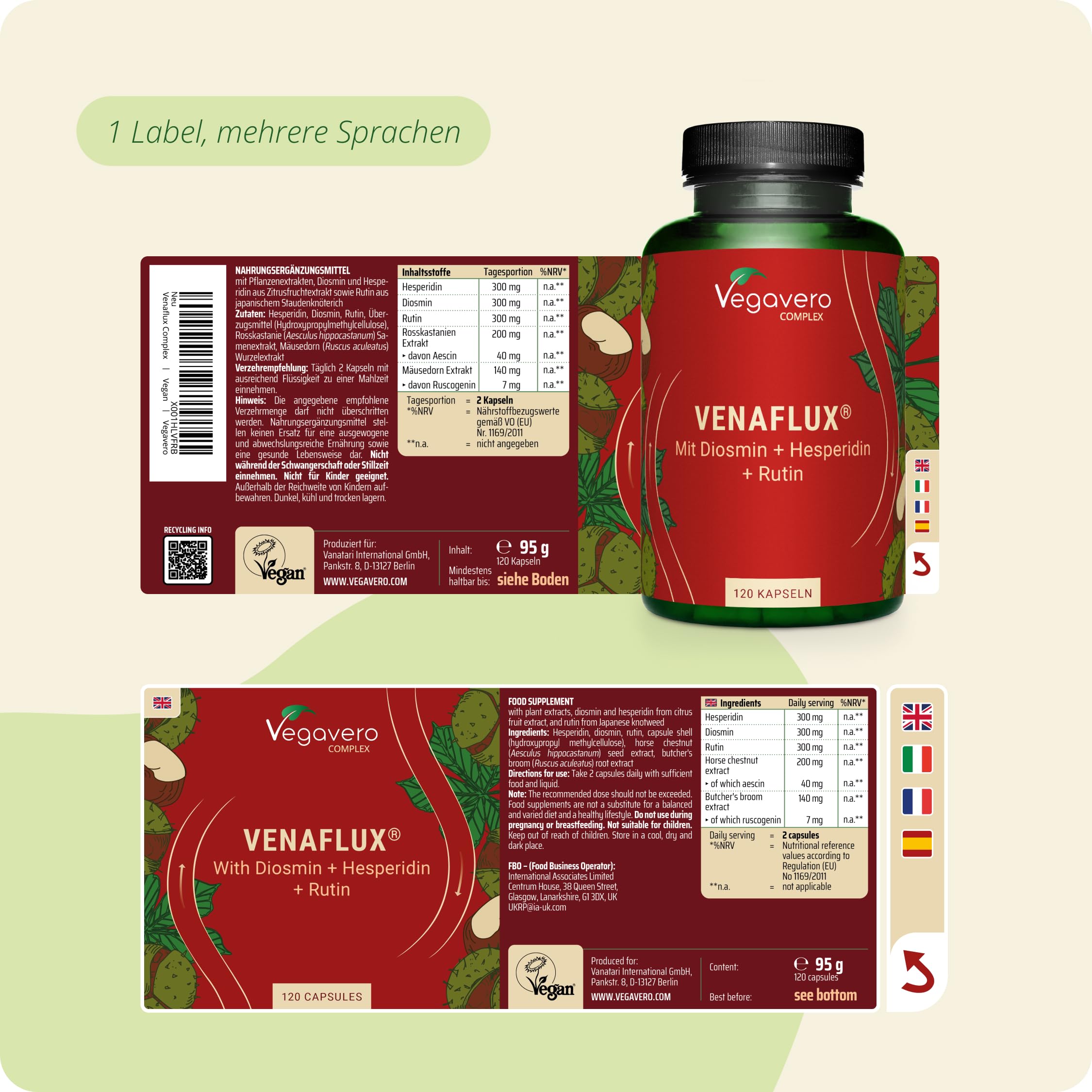 Vegavero Venaflux Kapseln 120 Stück - mit Hesperidin, Diosmin, Rutin, Rosskastanienextrakt & Mäusedorn - 40 mg Aescin & 7 mg Ruscogenin - Vegan, ohne Zusatzstoffe, laborgeprüft