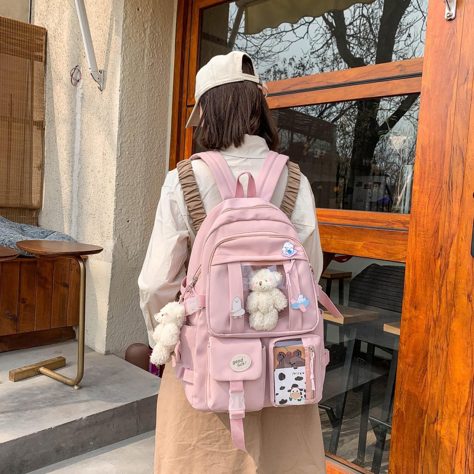 Sac à Dos D'école Kawaii pour Filles et Femmes,Joli Sac à Dos Esthétique avec épingle et Accessoires