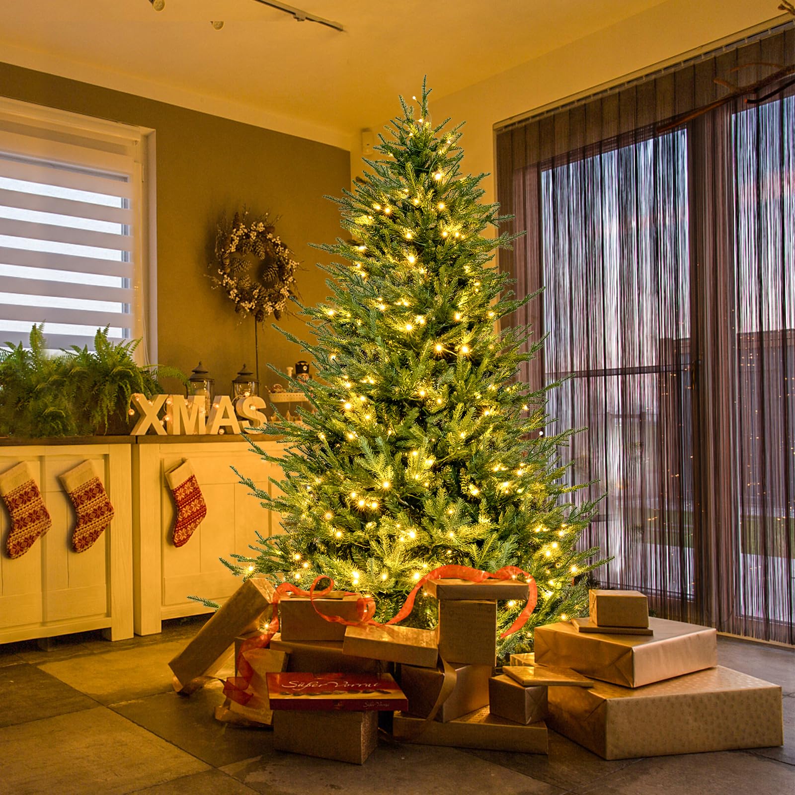 COSTWAY Árbol de Navidad 183cm, Arbol de Navidad con Luces Incorporadas, 280 Luces, Blancas Cálidas, Arboles de Navidad con Luces Integradas, 8 Modos, 788 Ramas de PVC y PE, Arvore de Natal (183cm)