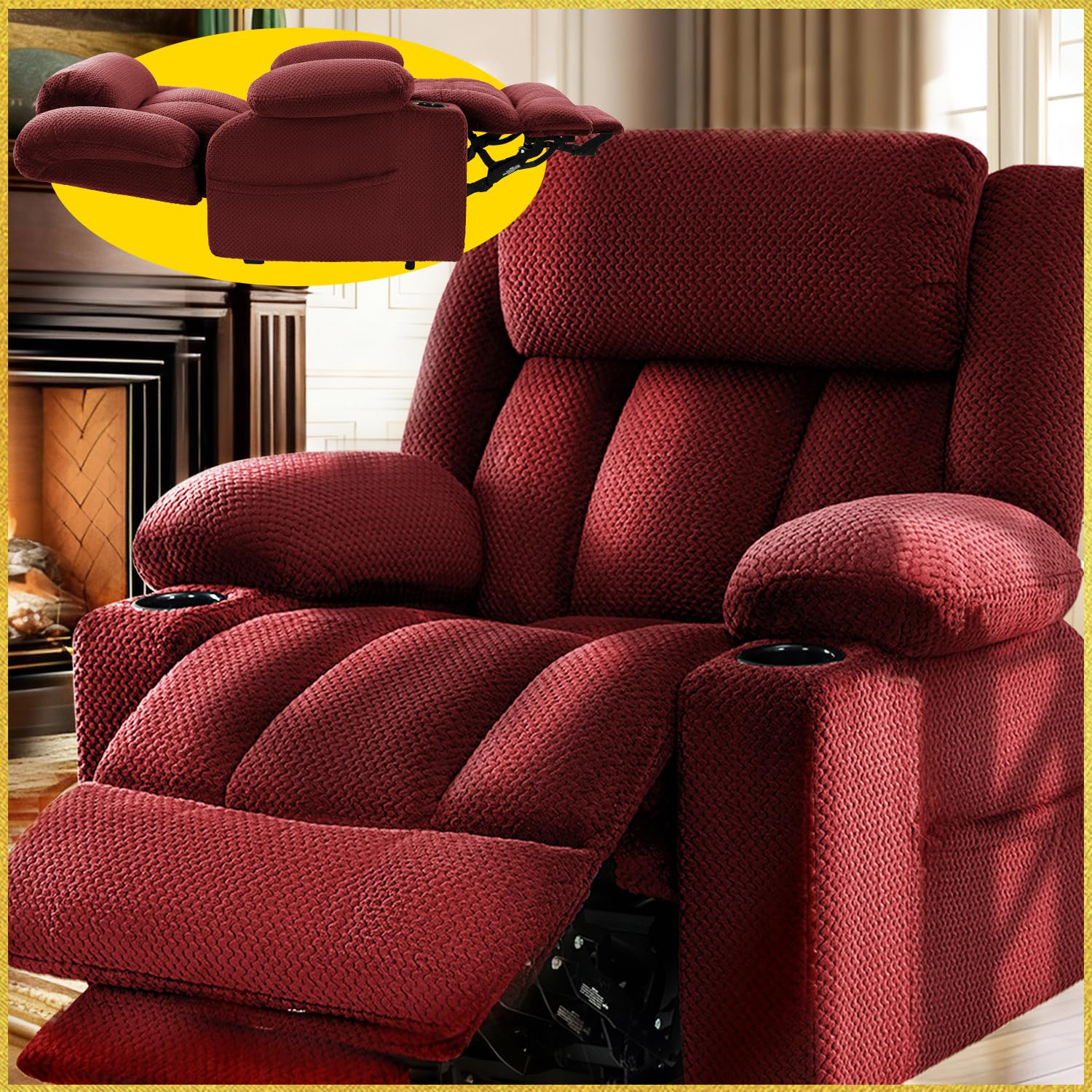 3 Motor Large-Wide Lift Chair, Infinite Position, 180° Lay Flat, Power Lift Chairs Recliners for Elderly Big and Tall, Massage &amp; Heat, Extended Footrest (Dark Red, Large Wide)