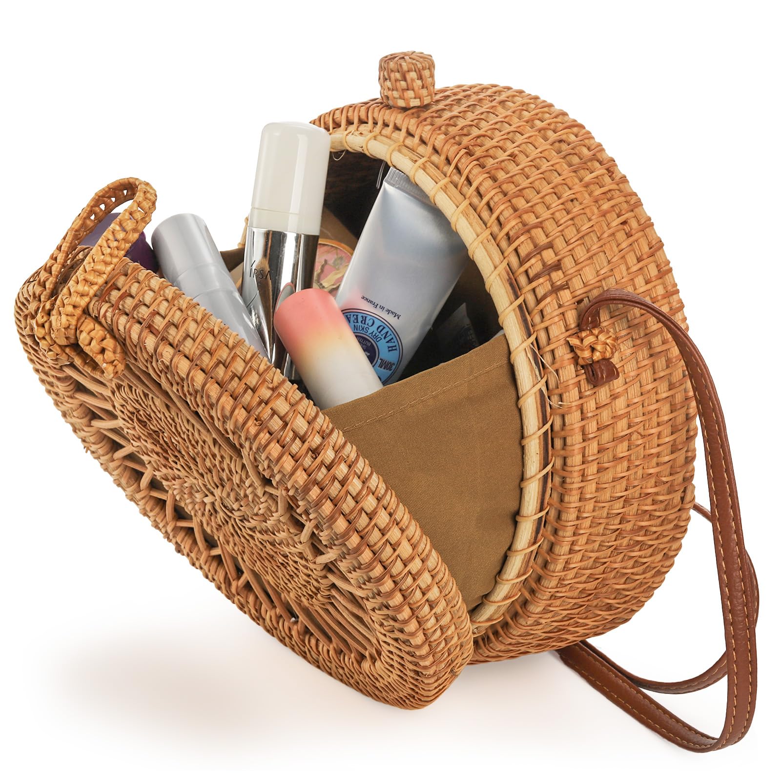 Okllen Borsa rotonda in rattan da donna, stile bohémien, intrecciata a mano, borsa a tracolla in paglia per vacanze estive