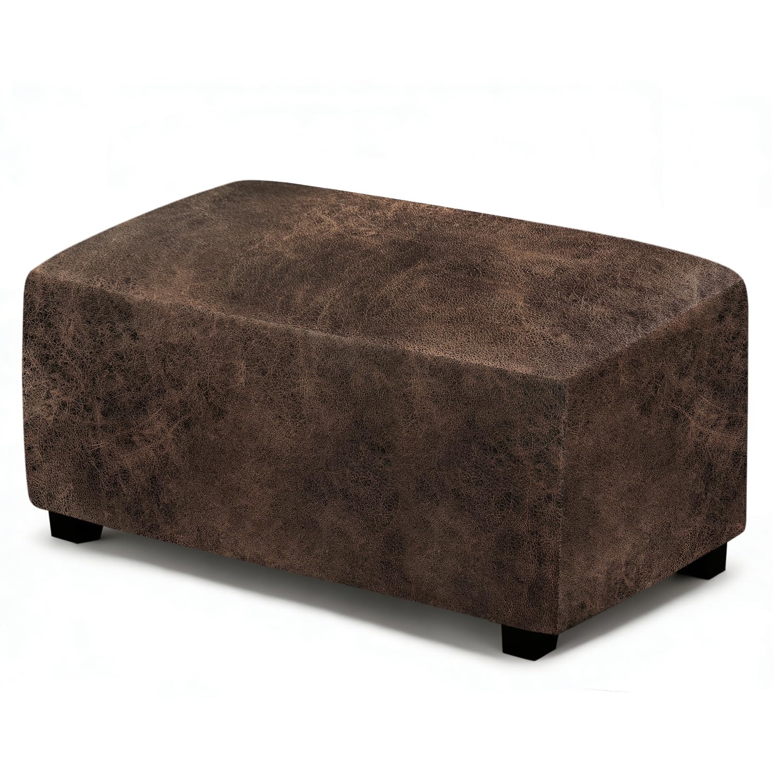 ANARACHON Leather Like Ottoman Cover, Stretch Small Square Ottoman Covers, Rectangular Ottoman Slipcovers with Removable Washable Non-Slip Elastic Bottom for Footstools (02 Brown, Large)