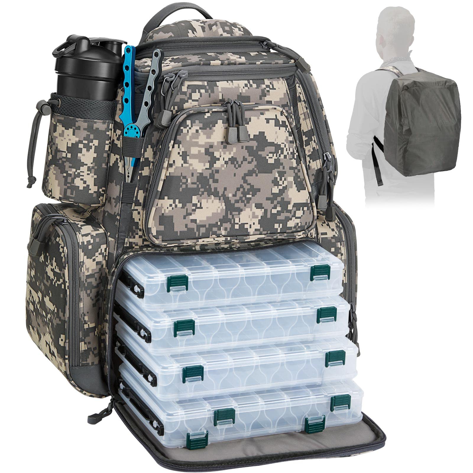 Piscifun Fishing Tackle Backpack with 4 Trays Large Capacity Waterproof Fishing Tackle Bag with 4 Tackle Boxes and Protective Rain Cover Digital Camouflage