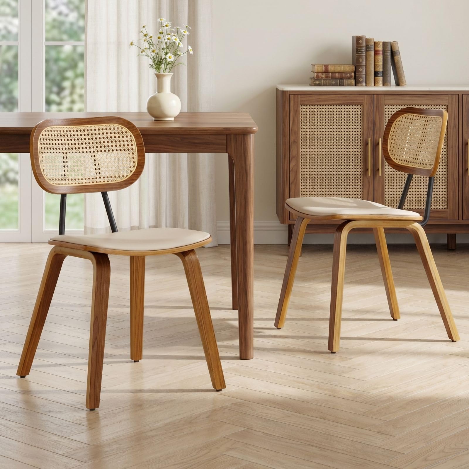 chairus Lot de 2 Chaises de Salle à Manger avec Pieds Bois Chaise Rembourrée en Cuir PU pour Salon Chaises de Cuisine avec Dossier Rotin, Beige