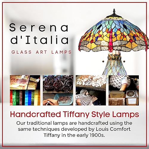 Miniatura 8 de Serena D'italia Elegante lámpara de mesa estilo Tiffany con libélula de cristal azul y rojo con base iluminada, hecha a mano en el estilo antiguo de