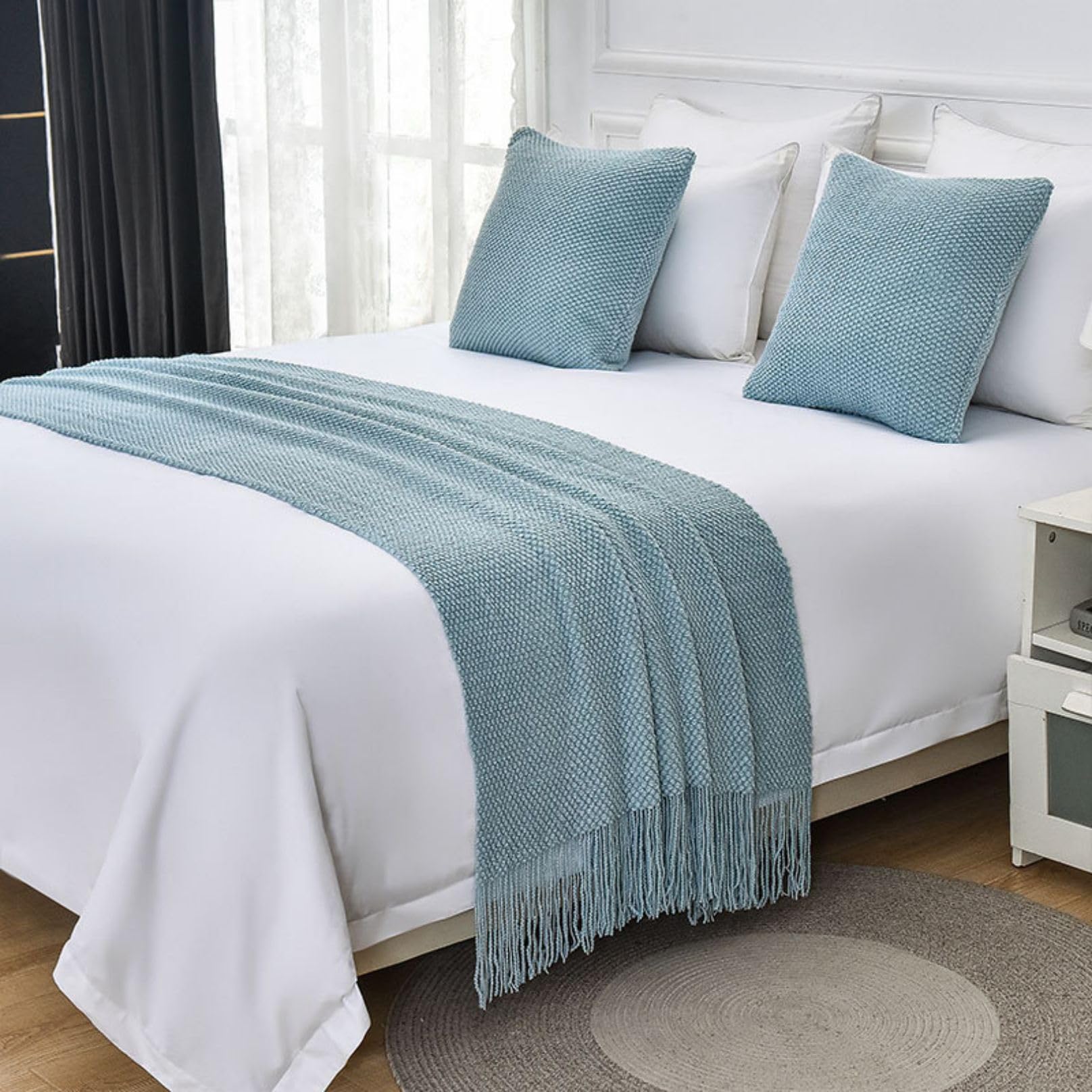 LEEMQCYA Bed Runners & Scarves Light Blue Bed End Towel for Foot of Bed Throw Blanket Bedroom Bedspread Protection Hotel Bed Scarf for Living Room Wedding Dormitory Decor,Single/Twin — image 1