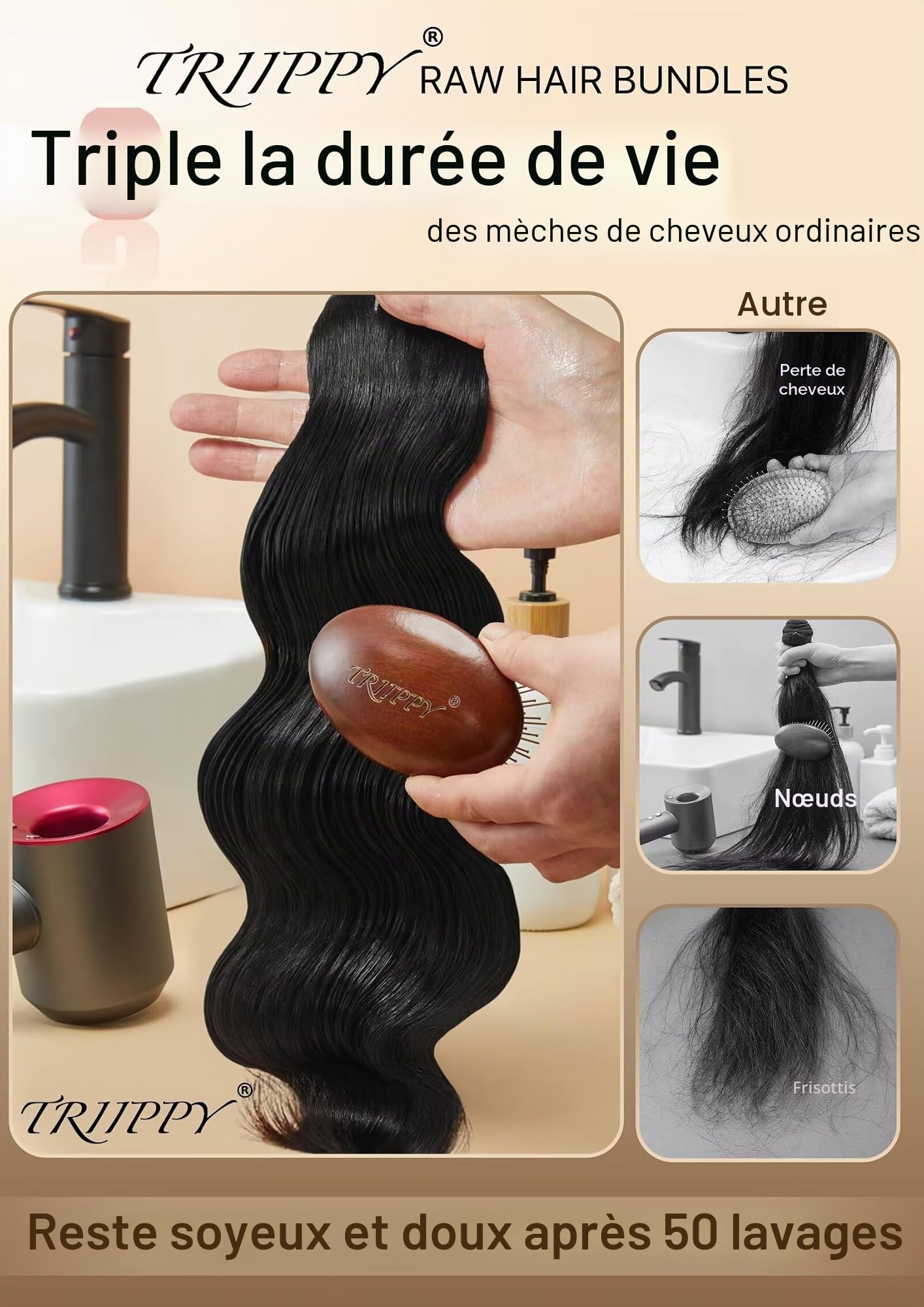 TRIIPPY 100% Mèches Cheveux Raw Humains Cambodgiens Body Wave Noir Naturel, Sans Traitement Chimique, 3 Mèches (16 18 20 Pouces) — Qualité Boutique Moitié Prix, N°1 Marque de Cheveux Raw En Europe