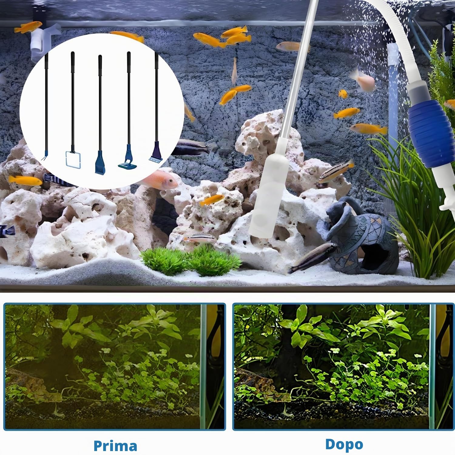 Set Di Pulizia Per Acquario, Pulitore Di Ghiaia Per Acquari, Detergente Per Acquario Accessori, Cambio d'Acqua Per Acquario Detergente, Con 5 Accessori Rimovibili, Per Manutenzione Ordinaria