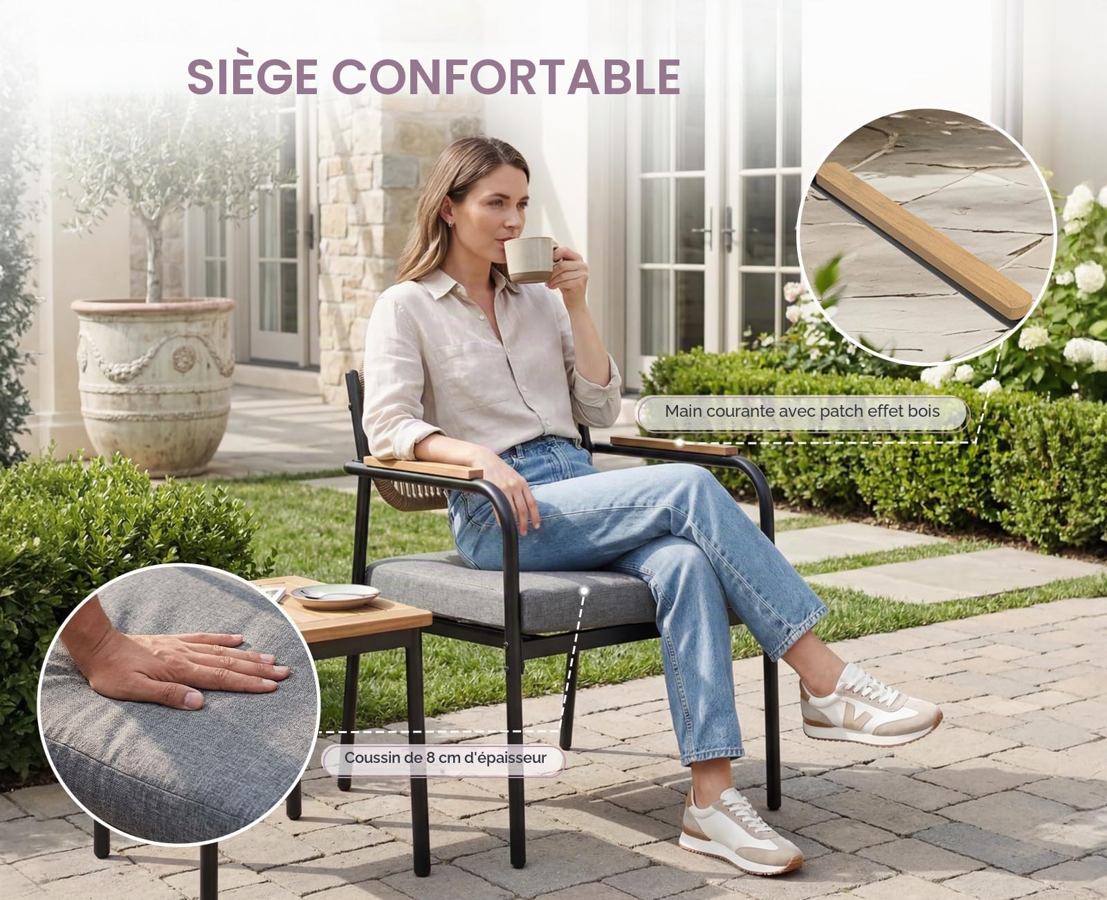 Ya-Home Chaise Jardin Exterieur, 2PCS Fauteuils Jardin, Corde Tressée, Gris