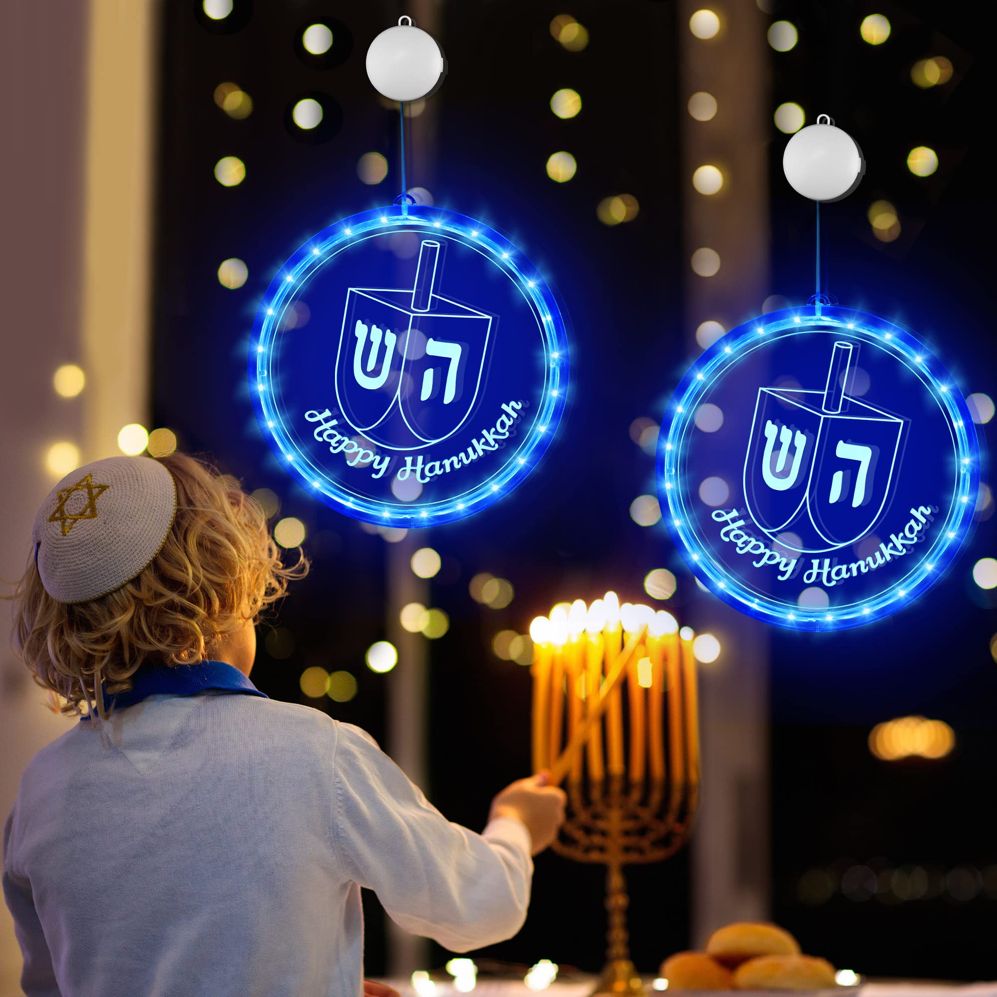 Hanukkah Decoration Lights, Blue Chanukah Window Lights, Hanukkah Window Decorations with Battery Operated for Jewish Judaism Hanukkah Chanukah Synagogue Passover Shabbat Ornament Decor (Dreidel)