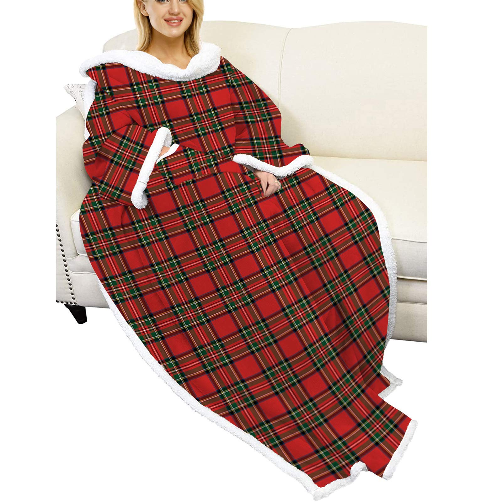 Manta Sherpa Ponible Para Adultos, Para Hombre Y Mujer Cómoda Y Calentita Manta Con Mangas, Manta Bata Para El Hogar, Bata Para Ver La Tele Manta De Sofá 002-One size
