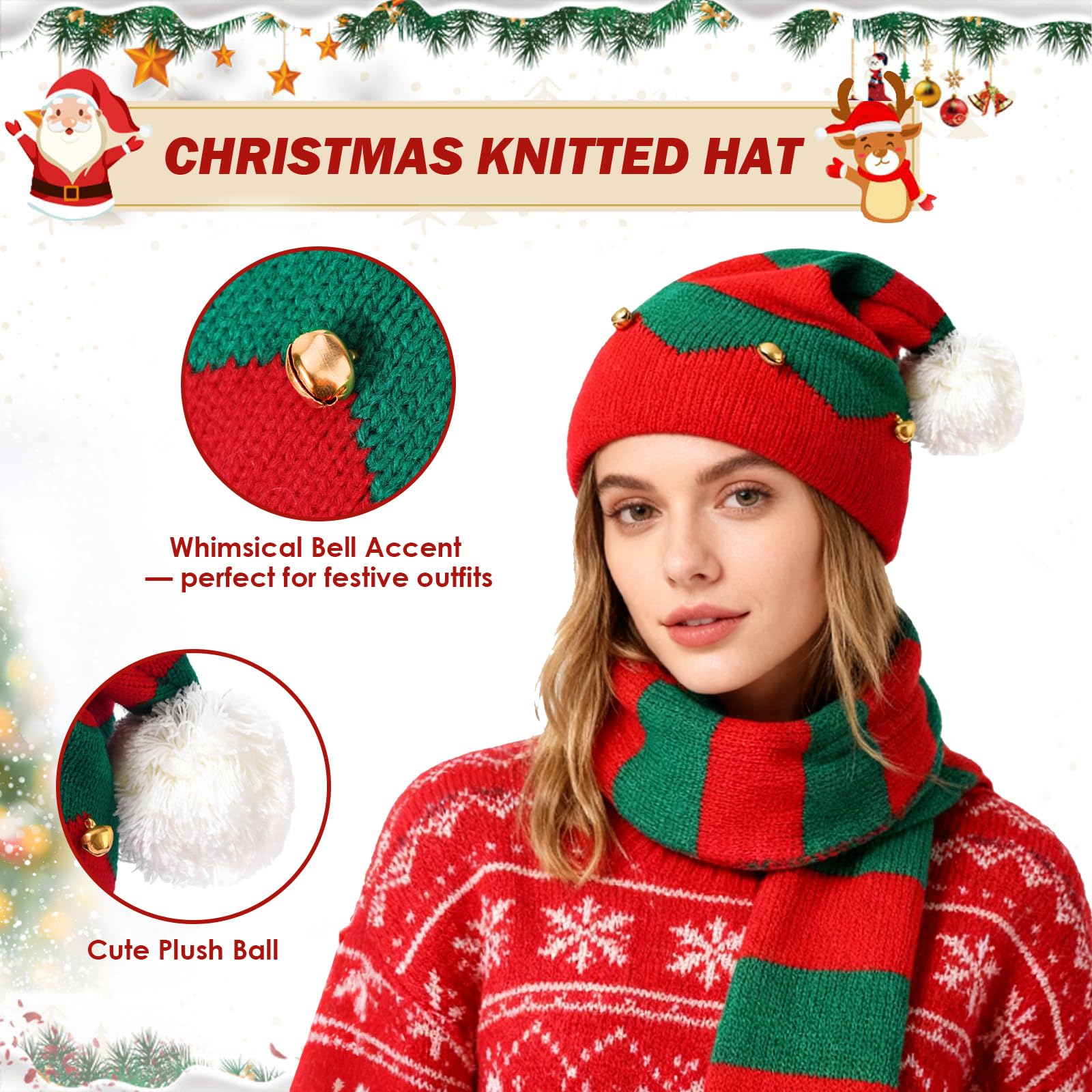 TAGVO 2 Pieces Christmas Hat Scarf Set, Winter Christmas Beaine Scarf, Xmas Knitted Hat Set, Elf Santa Hat Scarf for Party - Image 2