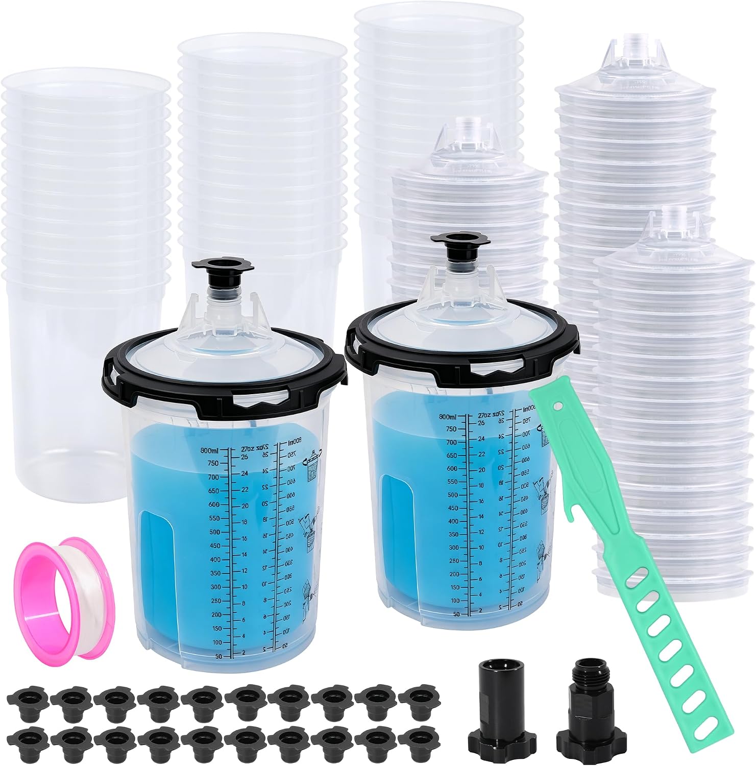 Disposable Paint Cups for Spray Guns, 45PCS 27oz (800ml) Paint Mixing Cup System with Lids, 2 Hard Cups & Retainer Rings, Ideal for Automotive Paint, Primer, Sealer and Clear Coat