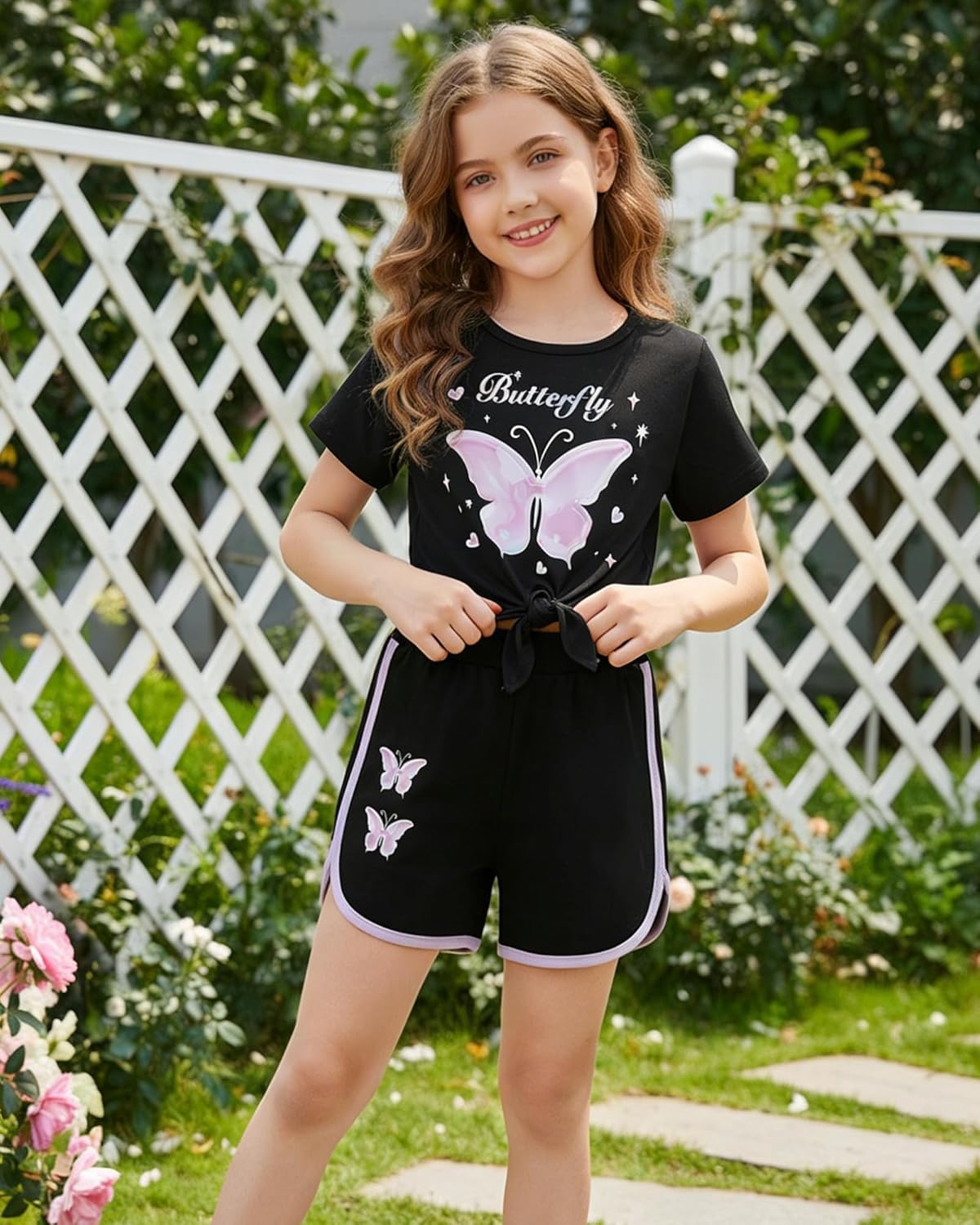 Jecson Girls Summer Outfits 2Pcs Kids Clothes Girls Tie Knot Front Tops T-Shirts and Casual Short Sets 5-12Y - Image 3