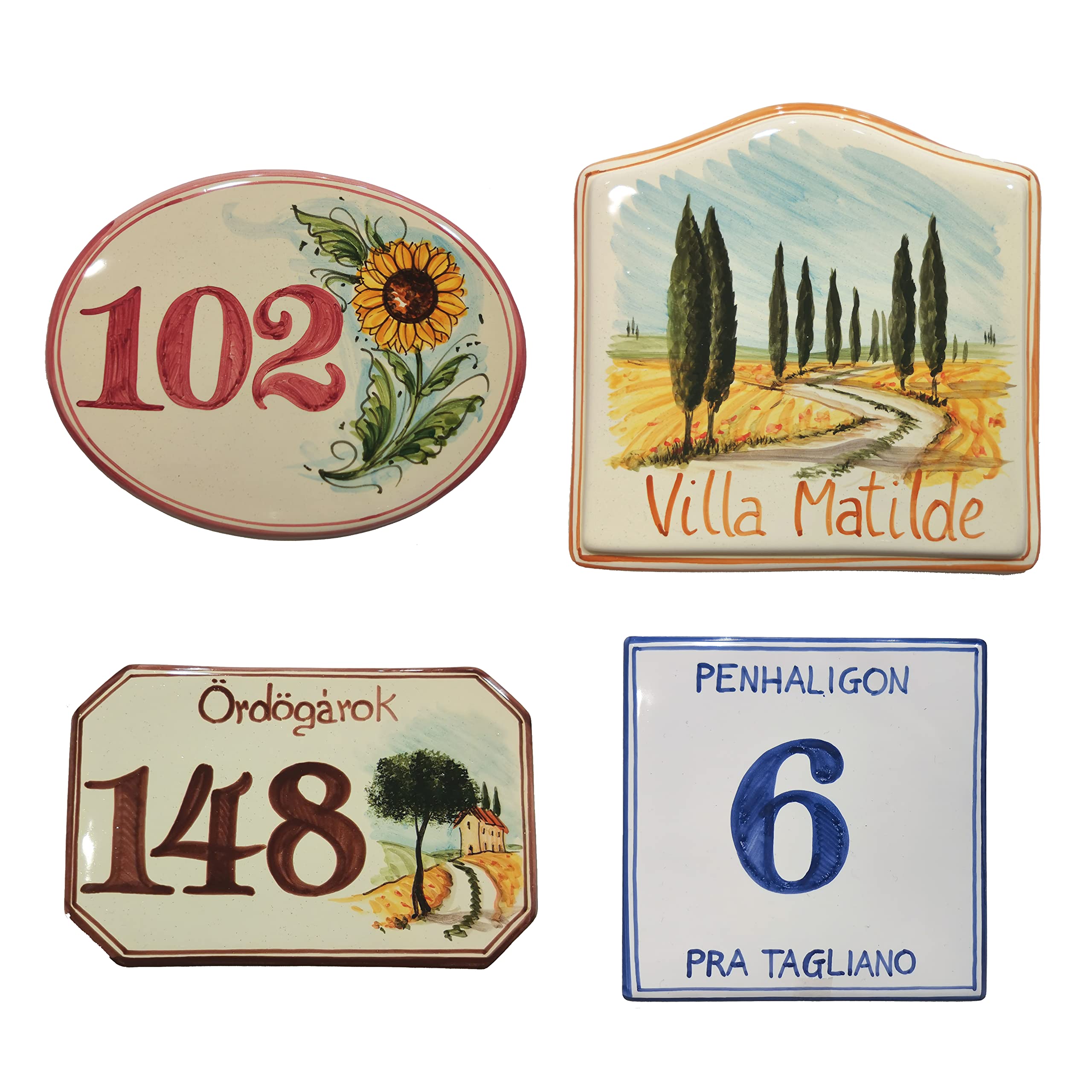 Numero civico per esterno e interno, Targa in ceramica fatta a mano personalizzbile con indirizzo, nome famiglia e decoro - quadrata, rettangolare, ovale