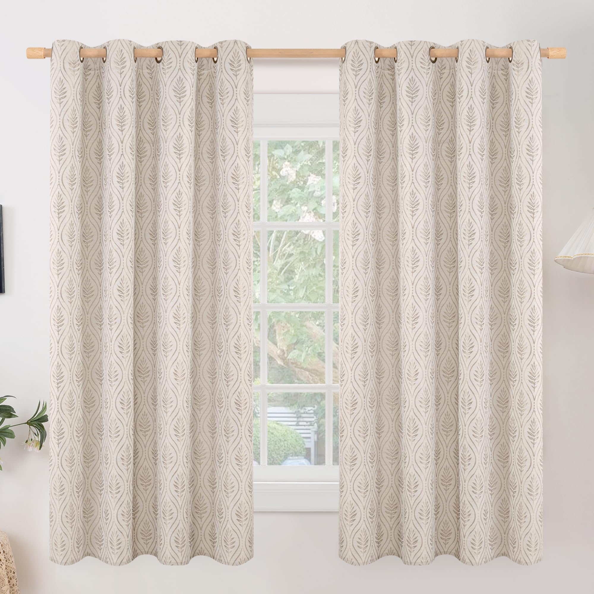 Photo 1 of BGment Camel Curtains 63 Inches Long for Bedroom Windows, Natural French Country Curtains Sheer Linen Grommet Window Drapes Boho Leaf Jacquard Patterned for Farmhouse, 2 Panels Set, 52 x 63 Inch