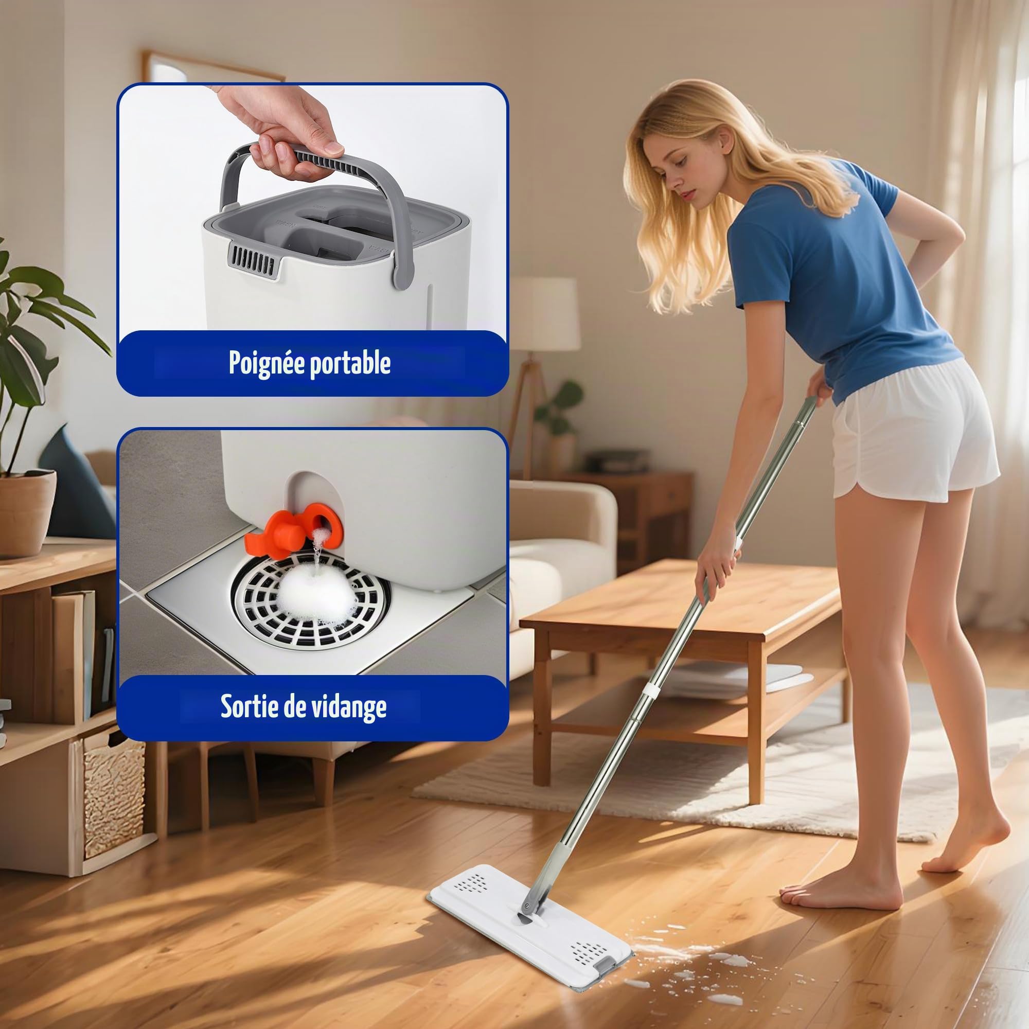 Serpillere Microfibre, Balai Serpillère et Seau Serpillere 2 en 1, Seau Essoreur avec 5 tampons en Microfibre lavables et poignée réglable en Acier Inoxydable, Mop Utilisation Humide et sèche, Blanc