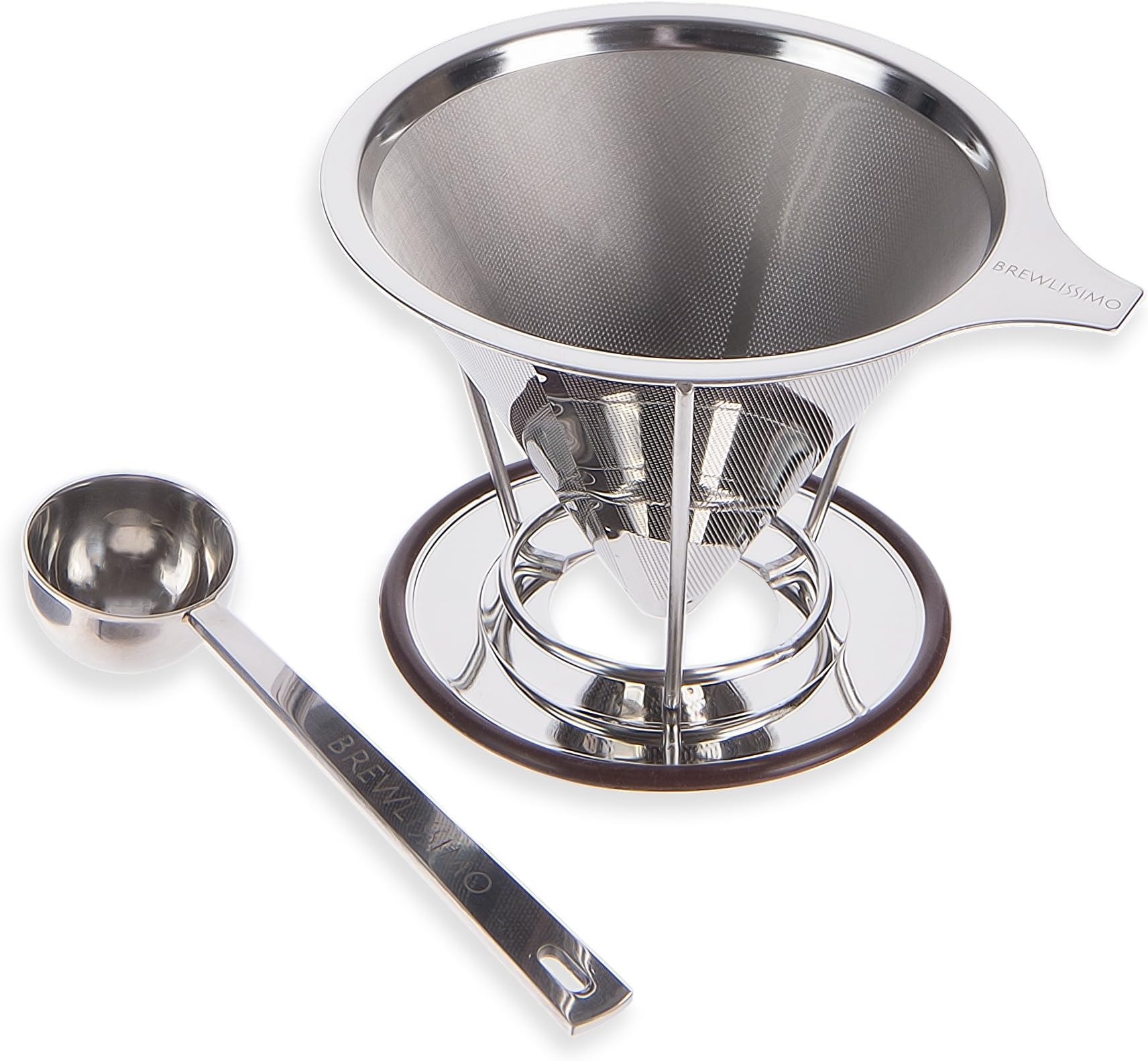 Stainless steel coffee dripper filter. Reusable paperless coffee cone with separate stand. Environmentally friendly design, includes free coffee scoop - Brewlissimo