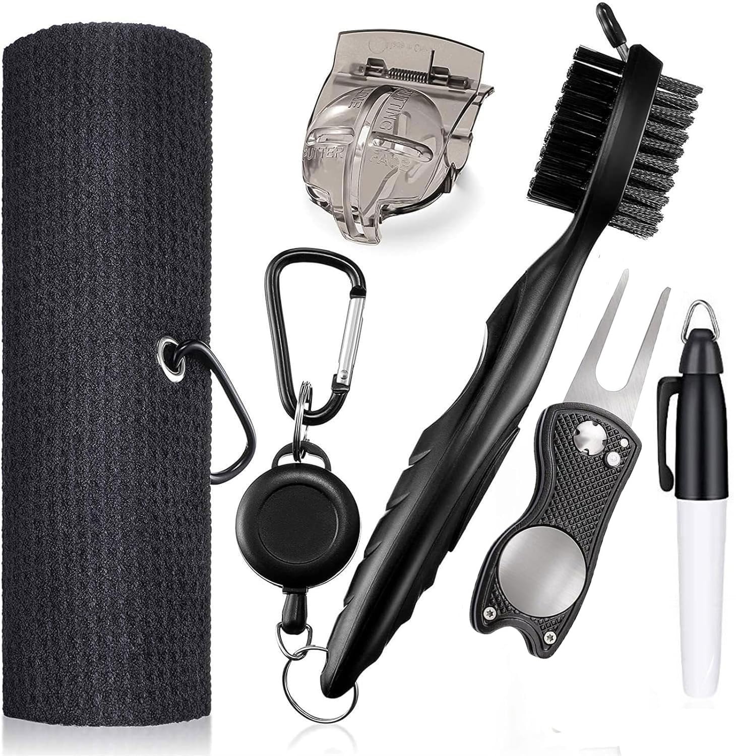 SOOFAM Golf Cleaning Kit,Golf Brush and Club Groove Cleaner,Groove Sharpener,Marker,Microfiber Waffle Pattern Golf Towel with Clip,Golf Towel and Tool Accessories Set for Man Women