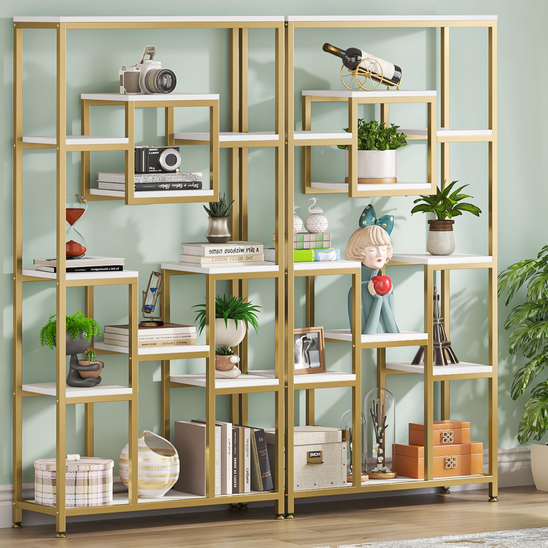 Tribesigns Estantería de 180 cm de alto, moderna de pie con 8 estantes abiertos, visualización alta para salón, dormitorio, oficina en casa, oro y blanco (2 unidades)