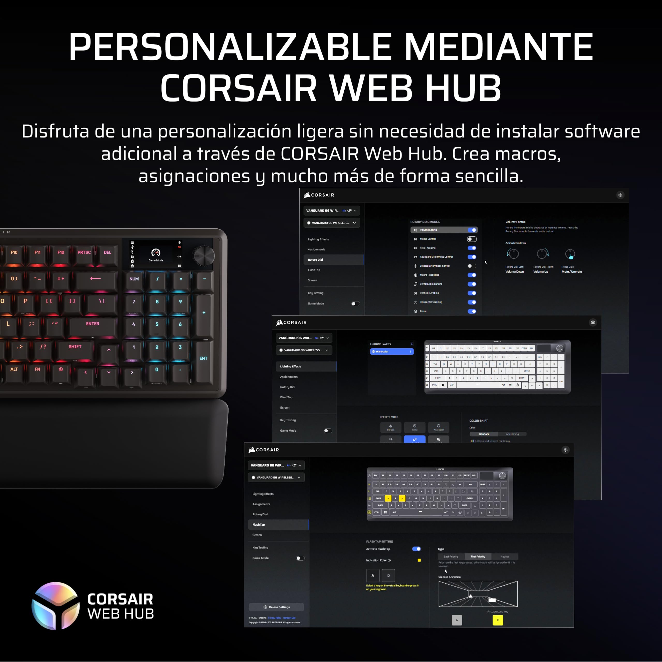 Corsair Vanguard 96 Wireless Mecánico RGB Teclado Gaming – Negro | QWERTY Español, Formato 96%, Switches MLX Hot-Swap, Hyper-Polling 8000Hz, Integración Stream Deck, FlashTap SOCD