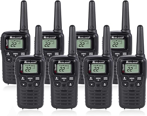 Midland T10 - Walkie Talkie FRS de 22 canales, radio bidireccional de hasta 20 millas, color negro (paquete de 8)