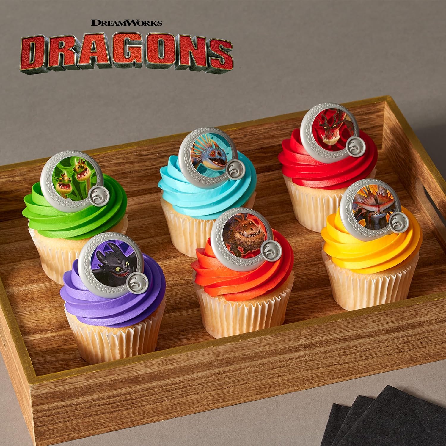 How To Train Your Dragon Rings, 24 Cupcake Toppers, Bright Colorful Dragon Shield Cupcake Decorations, Food Safe - 24 Pack