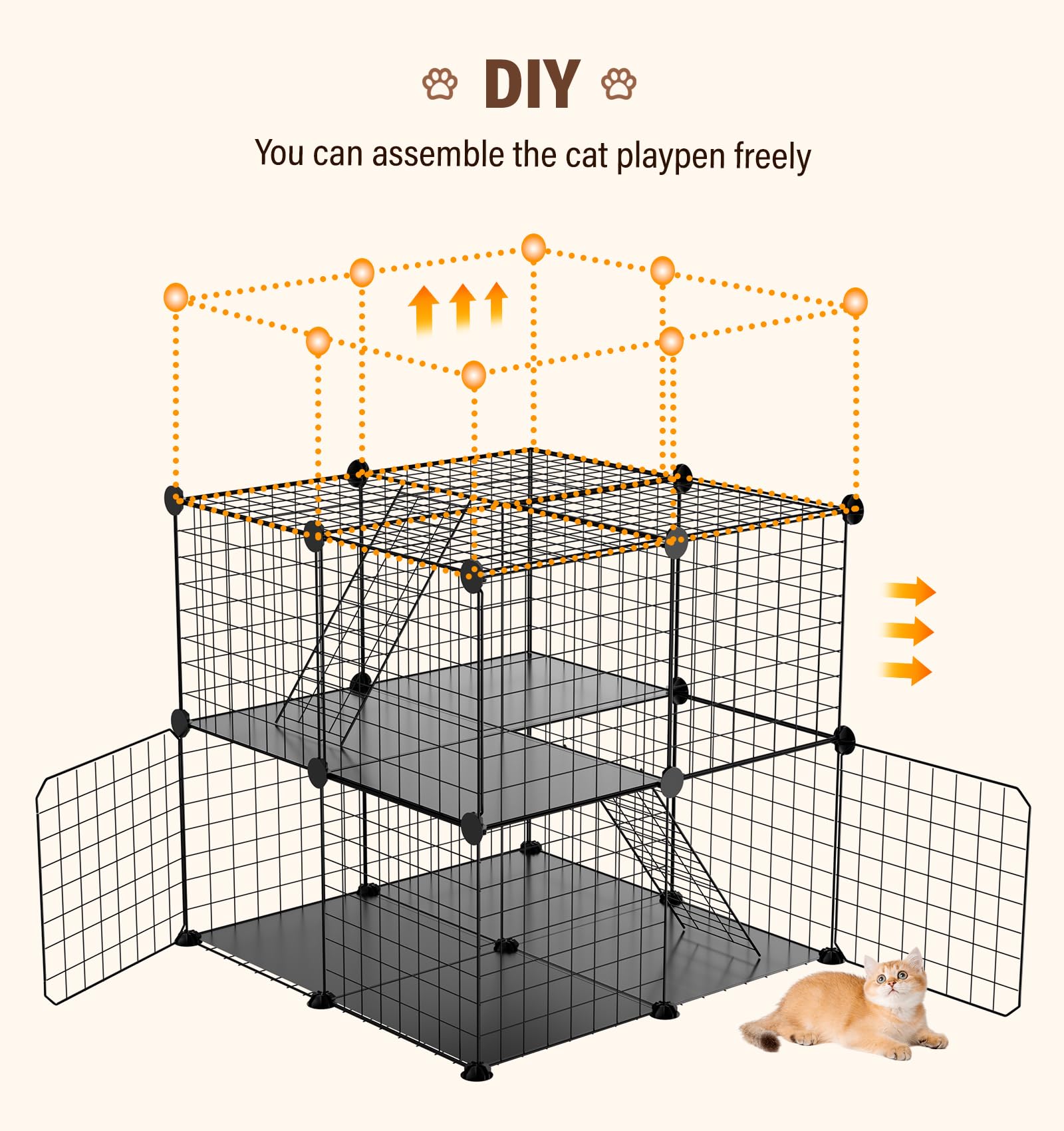 The Fellie Jaula para gatos para interiores, caja de parque de juegos de 3 niveles, jaula para gatos, corralito desmontable de alambre de metal, lugar de ejercicio grande ideal para 1-2 gatos,